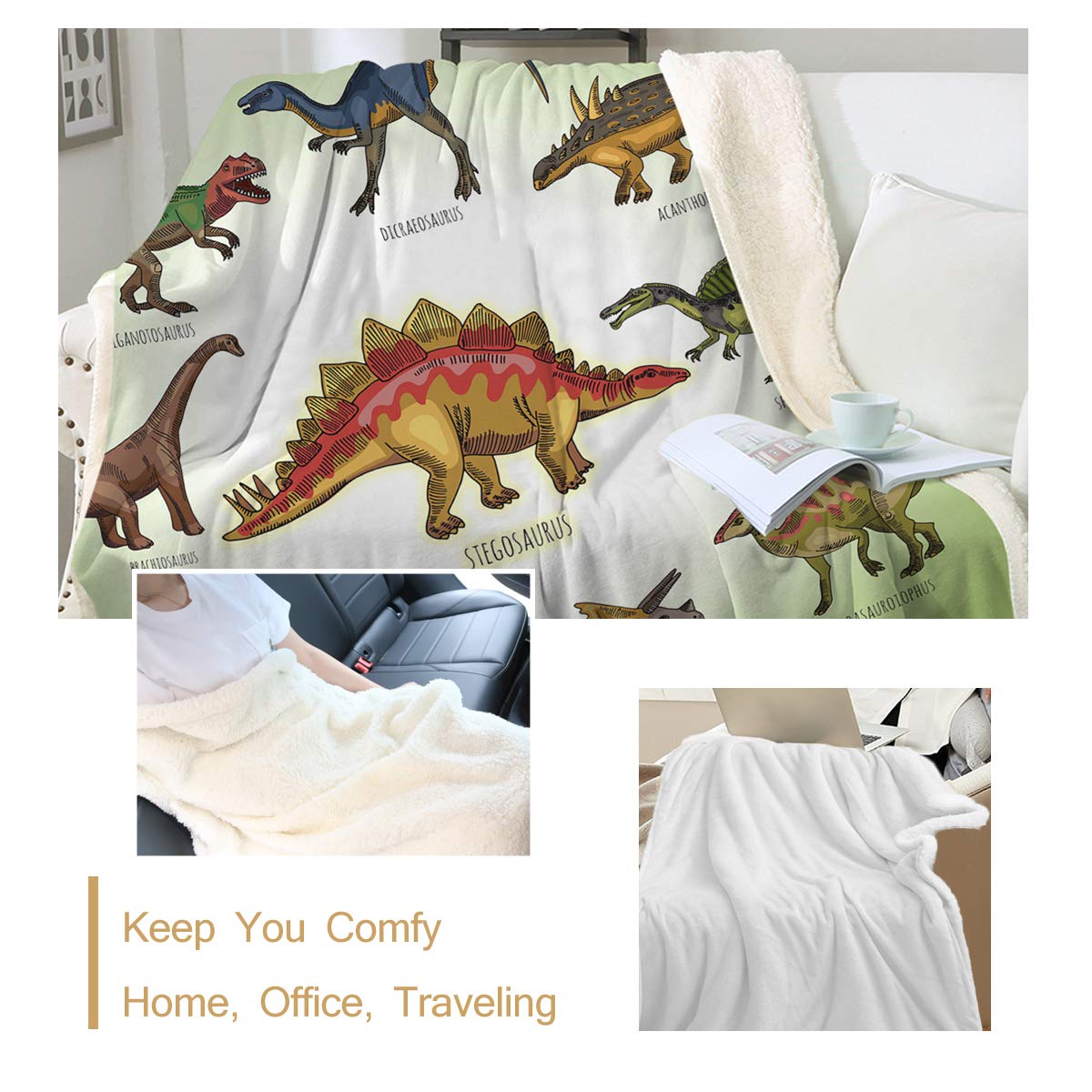 Sleepwish Kids Dinosaur Throw Blanket - Super Soft Green Sherpa Fleece Blanket for Boys (60