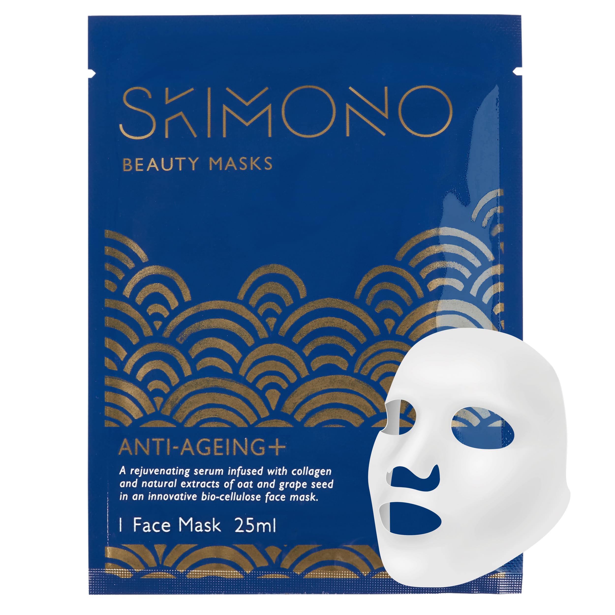 SKIMONO Anti-Aging Bio-Cellulose Face Mask with Collagen, Oat & Grapeseed Extract - Hydrating Moisturizer for Wrinkle Reduction, Vegan & Cruelty-Free Sheet Mask (1 Pack) - Perfect for Spa Night, Self-Care Routine & Glowing Skin