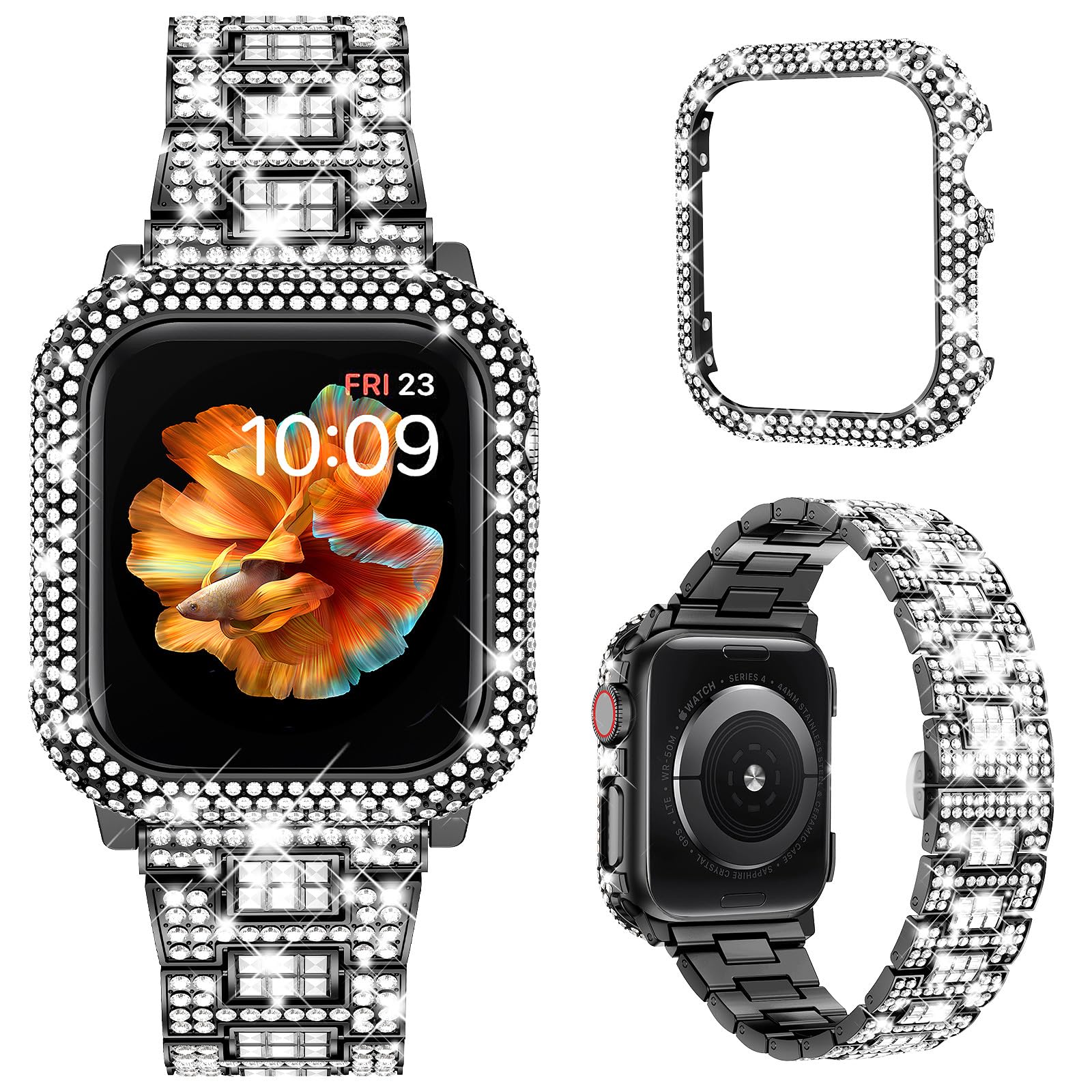 Sparkling Luxury Diamond Apple Watch Band for Women - Compatible with iWatch SE Series 10/9/8/7/6/5/4 & 40/41/42/44/45/46mm Models - Shiny Metal Case with Full Diamond Cover Set - Elegant Fashion Accessory for Daily Wear, Workouts & Special Occasions