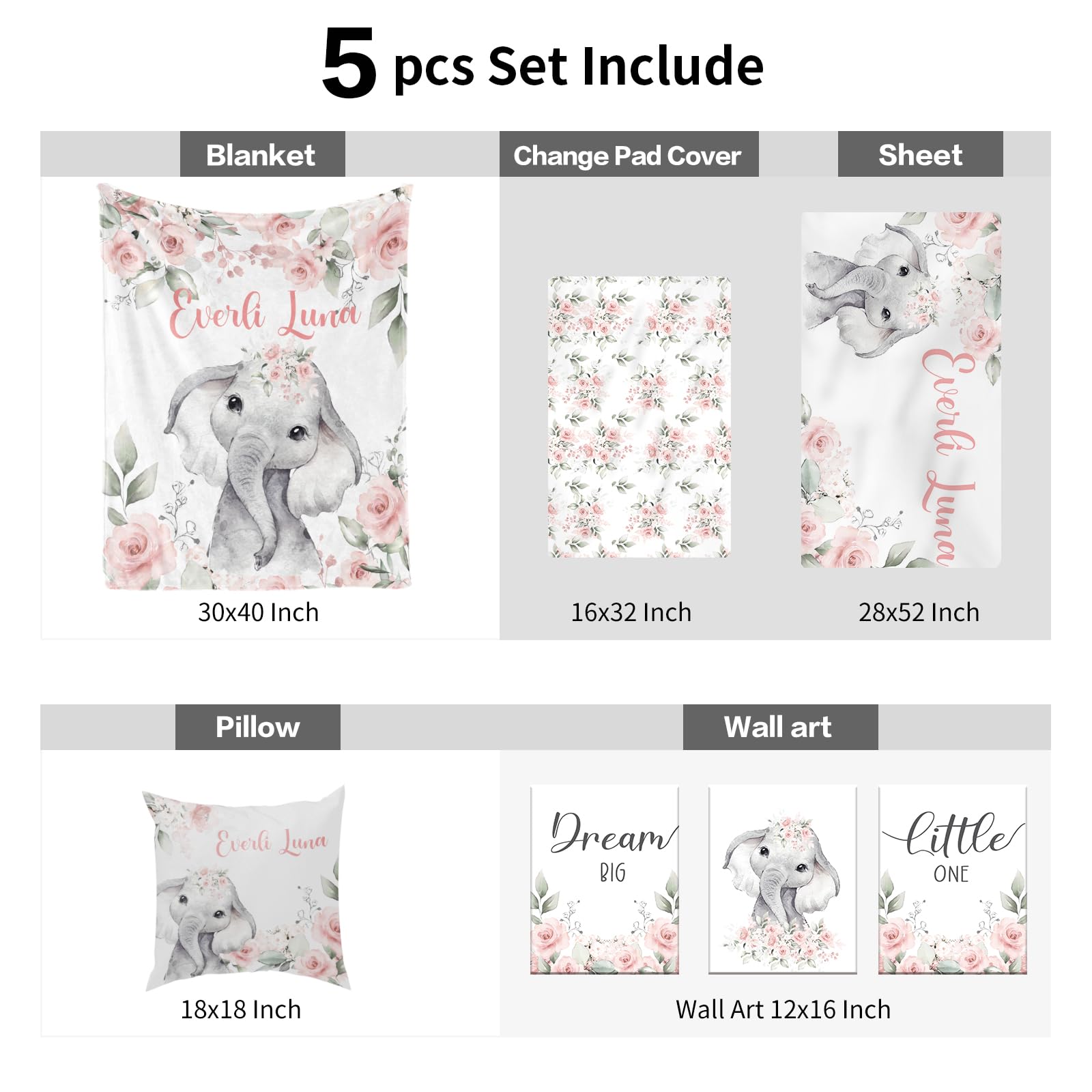 Custom Pink Baby Girl Crib Bedding Set - Personalized Nursery Blanket, Crib Sheet & Changing Pad Cover with Elephant & Rose Design | Perfect for Newborn Nursery Decor & Baby Shower Gifts