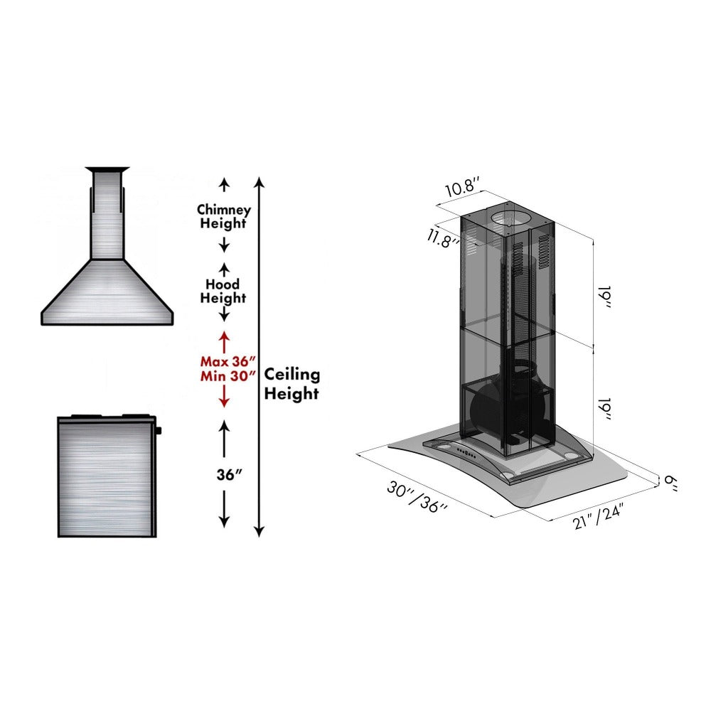 ZLINE GL9i Stainless Steel & Glass Convertible Range Hood - Island Mount Ventilation for Kitchen - Perfect for Modern & Open-Concept Homes