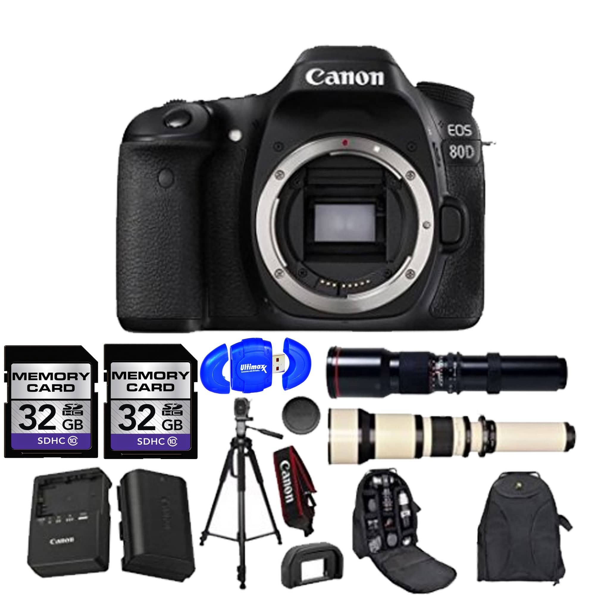 Canon EOS 80D DSLR Camera Body with 500mm & 650-1300mm Telephoto Zoom Lenses - Professional Wildlife Photography Bundle (15-Piece Accessory Kit) for Bird Watching, Sports, and Nature Shots