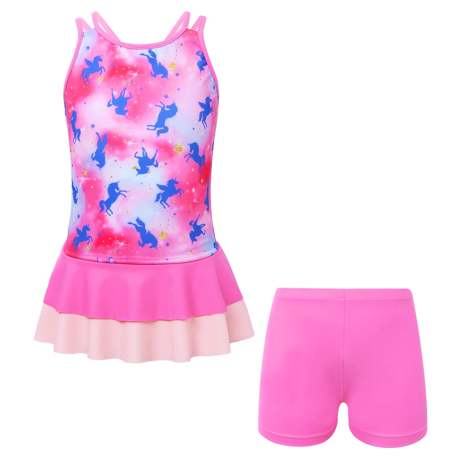 Winying UPF 50+ Girls' 2-Piece Rash Guard Swimwear Set - Cute Cartoon Horse Print Swim Dress with Board Shorts for Beach, Pool & Summer Water Activities