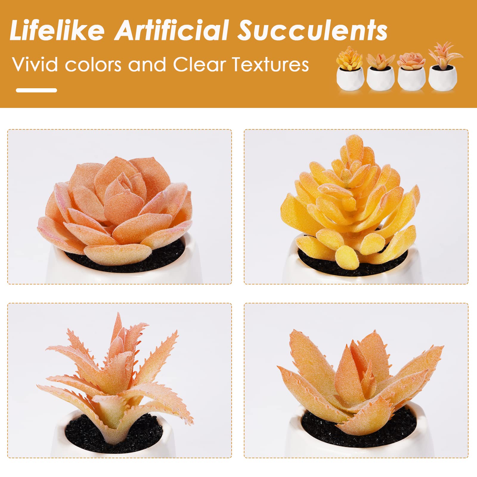 Tiita Artificial Faux Succulents in Mini Orange Pots - 4 Set Realistic Fake Plants for Home & Office Decor - Perfect for Desk, Window Sill, Bathroom, Bedroom & Gift Giving