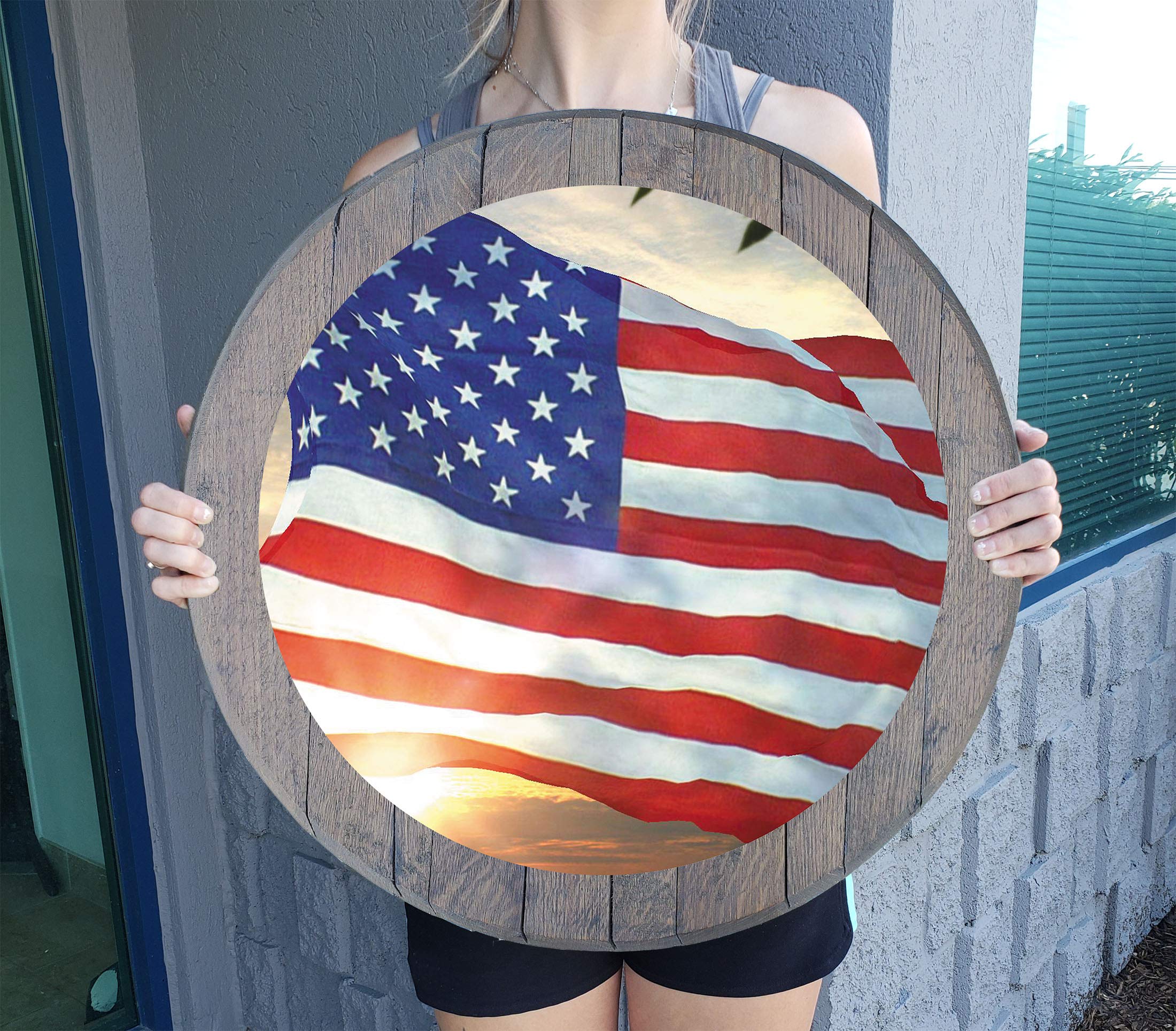 RWD Waving American Flag Wall Art - Patriotic Sunlit USA Flag Decor for Man Cave, Barnwood Gray Whiskey Barrel Lid Wall Hanging | Perfect for Home Office, Garage, Bar & Outdoor Spaces