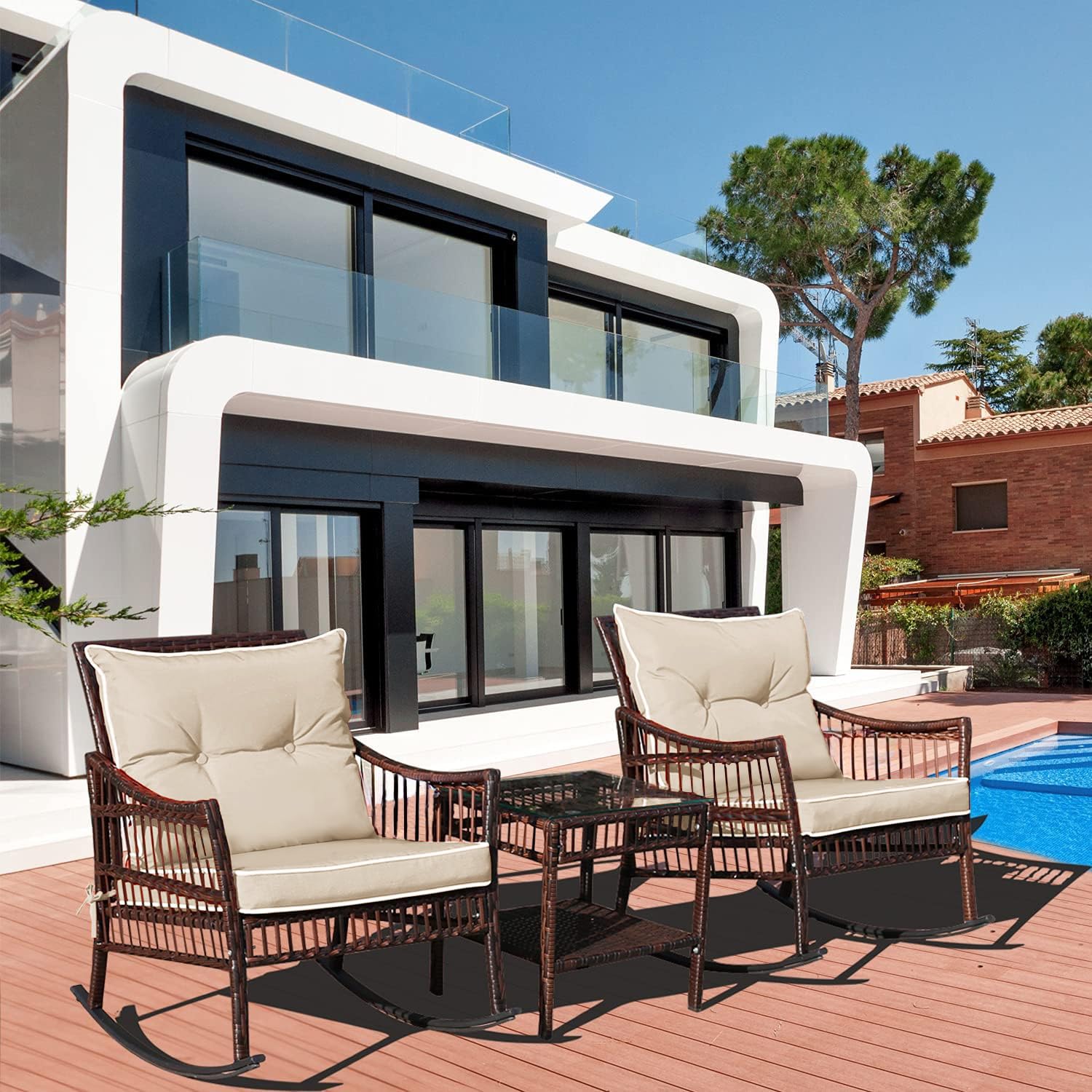 DECMICO 3-Piece Outdoor Patio Furniture Set - Wicker Rocking Chairs with Coffee Table, Rattan Bistro Set for Garden, Balcony, and Backyard - Brown Beige Cushion - Perfect for Relaxing, Entertaining, and Outdoor Dining