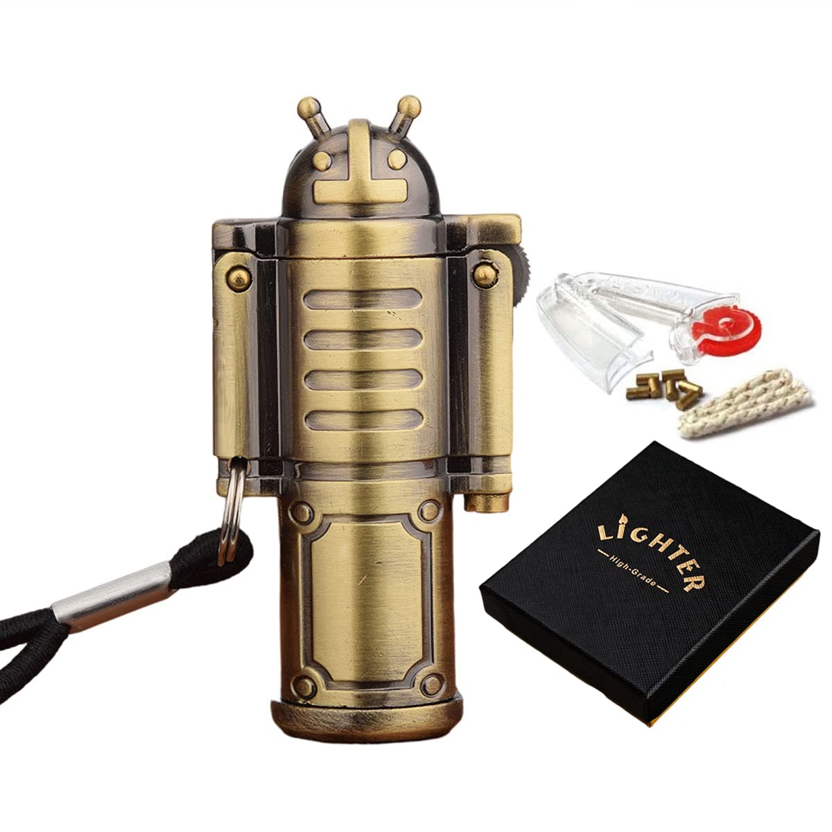 Vintage Robot Kerosene Lighter - Portable Metal Pocket Lighter with Flints for Camping & Outdoor