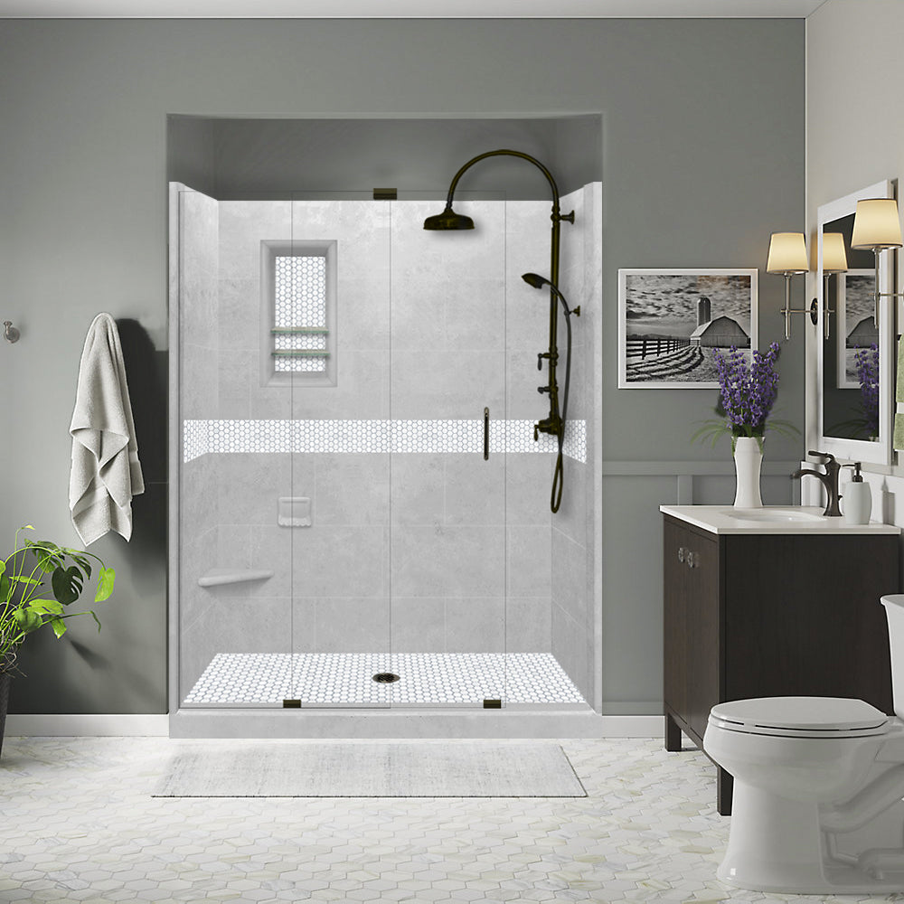 60 Alcove Portland Cement Sistine Stone & Pearl Hex Mosaic Tile - DIY Shower Remodel Kit for Bathroom, Kitchen Backsplash & Flooring Accent