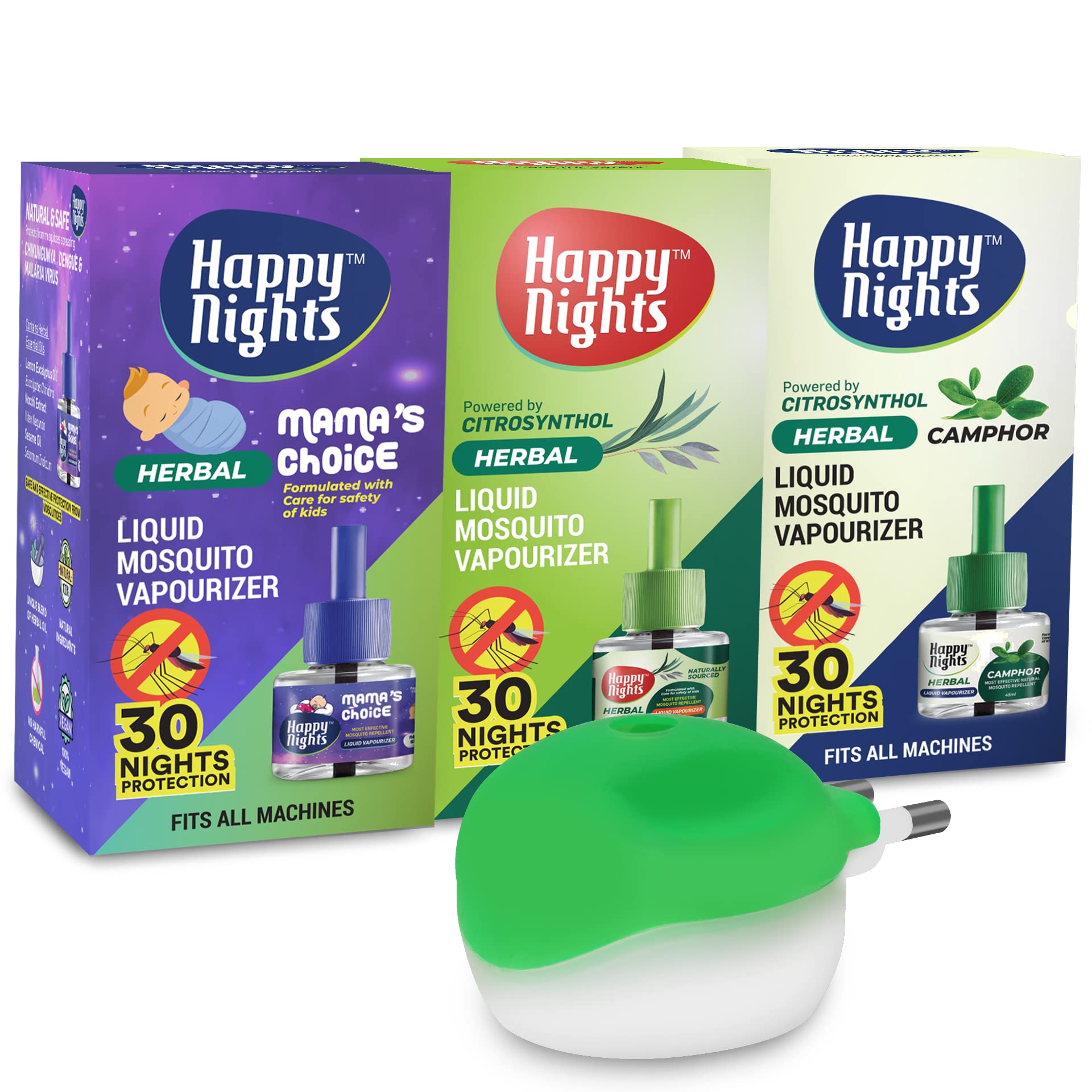 Happy Nights Mama's Choice Combo Pack - Natural Herbal Mosquito Repellent with Lemon Eucalyptus & Camphor Oil - Chemical-Free Vaporizer for 100% Mosquito Protection - Perfect for Bedrooms, Nurseries, and Outdoor Camping