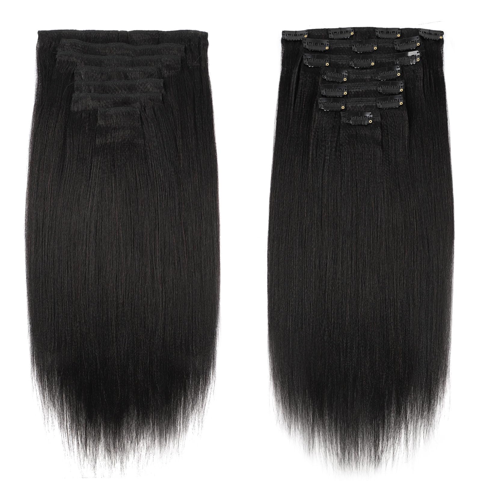 22 Inch Clip-in Human Hair Extensions - Yaki Straight Style, Natural Color, Remy Unprocessed Soft Hair Extensions for Black Women (7 Pieces, 17 Clips, 120g) - Perfect for Daily Styling, Parties & Special Occasions