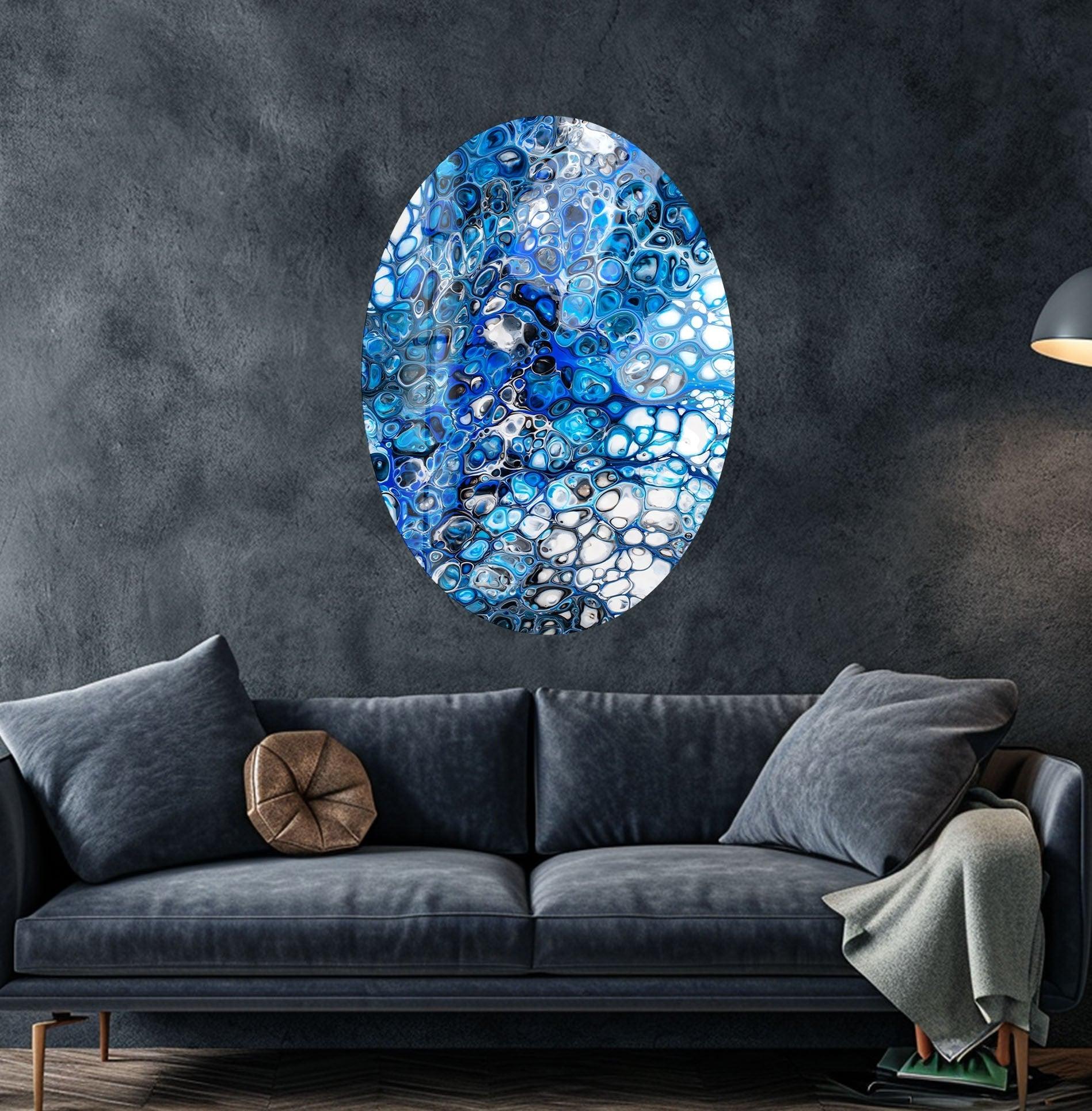 Asymmetrical Oval Stained Navy Blue Glass Wall Art - Handmade Modern Home Decor for Living Room, Bedroom & Office - Unique Abstract Glass Wall Hanging for Contemporary Interior Design