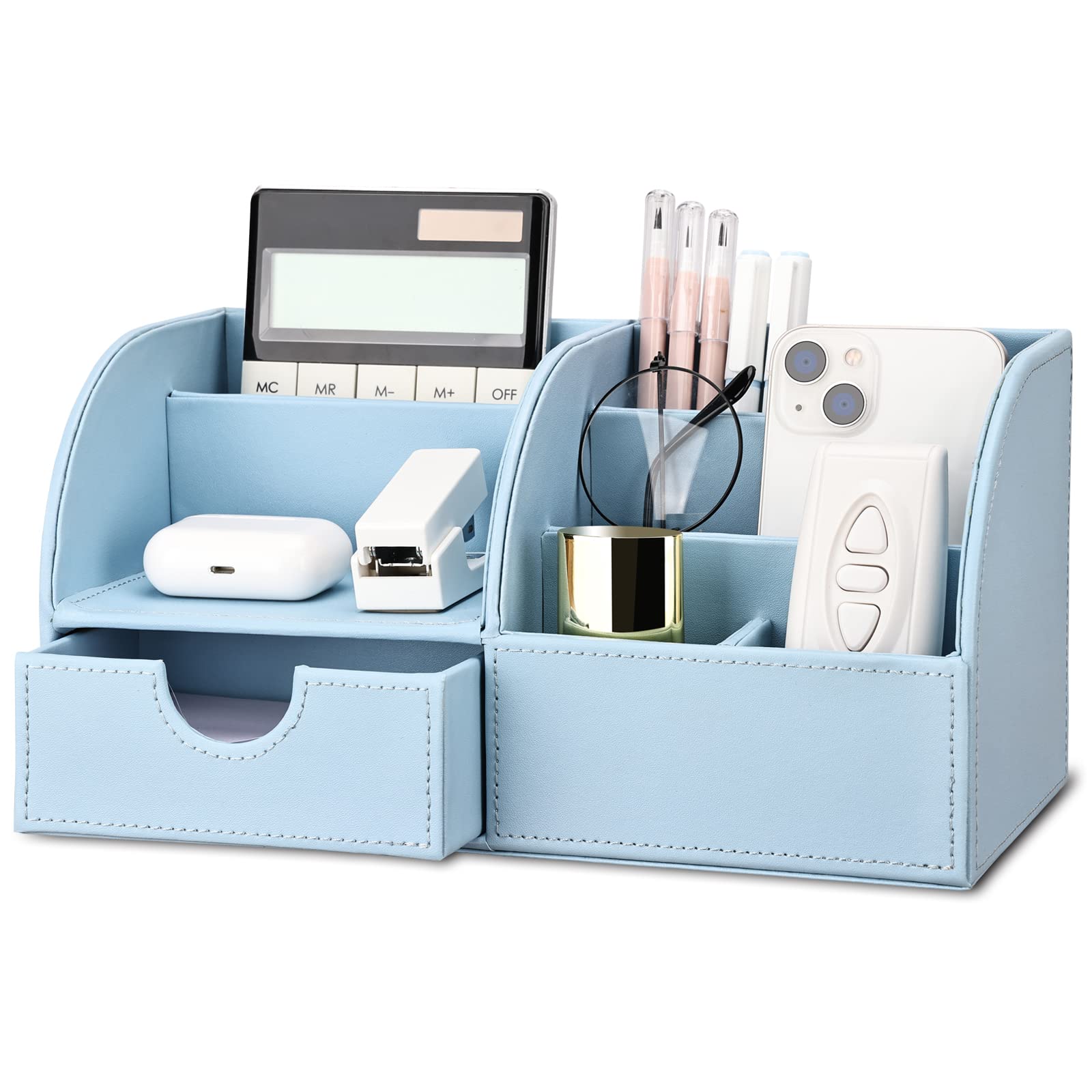 Premium PU Leather Desk Organizer - 6 Compartment Pen & Pencil Holder with Drawer - Office Supplies Storage Box for Home & Office (Blue) - Perfect for Desk Organization, School Supplies & Workspace Accessories