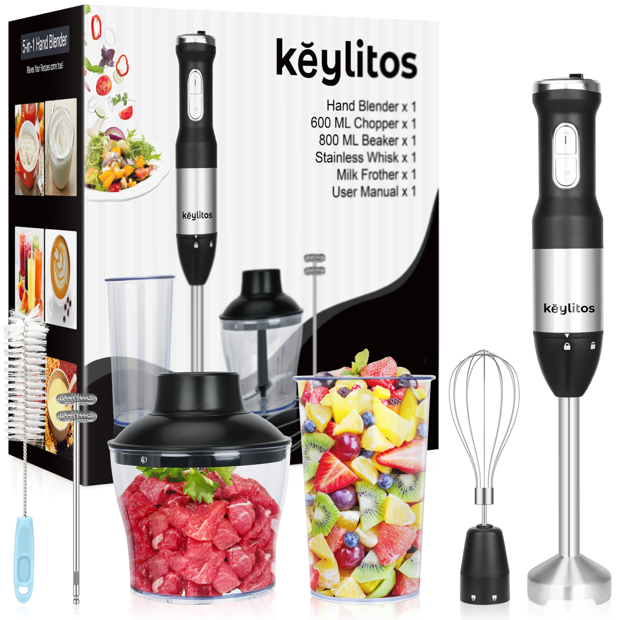 Keylitos 5-in-1 Immersion Hand Blender Mixer Set - 600W Upgraded Stick Blender with 600ML Food Chopper, 800ML Mixing Beaker, Whisk & Milk Frother - Perfect for Smoothies, Baby Food, Sauces, Puree, Soup - Ideal for Kitchen, Home Cooking & Meal Prep (Black)