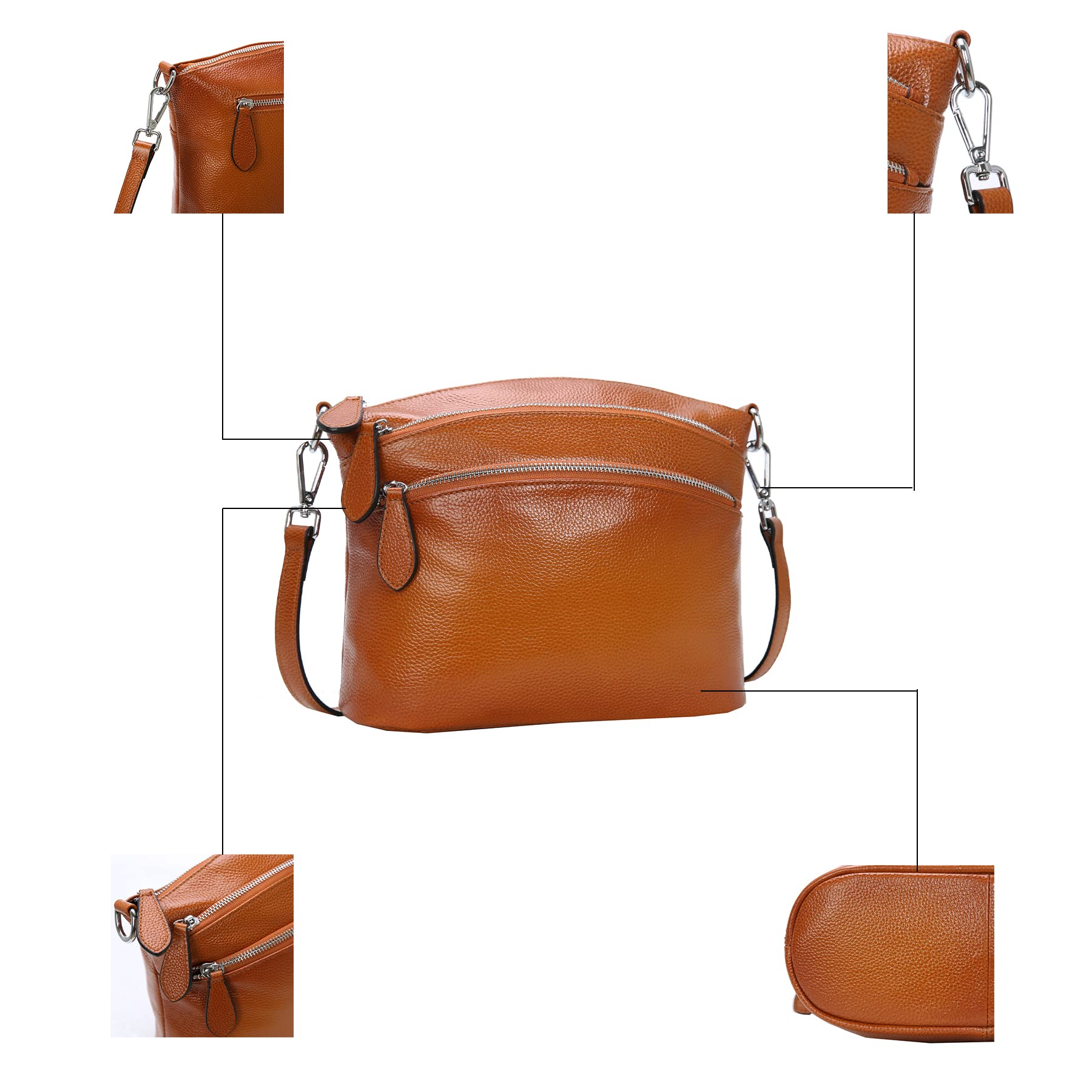 HESHE Women's Leather Crossbody Bag - Small Functional Multi-Pocket Shoulder Satchel Purse for Everyday Use, Travel & Shopping