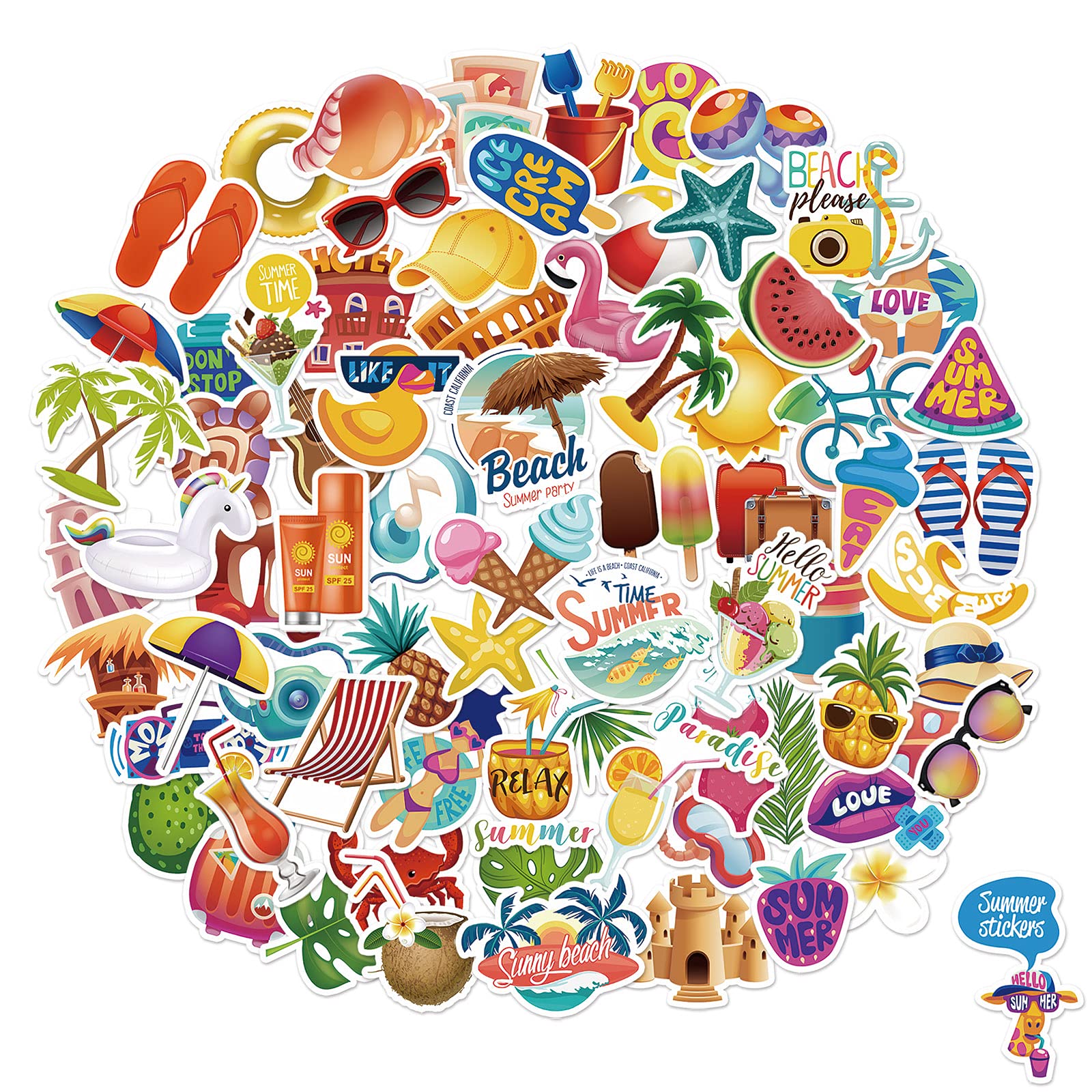 75 PCS Waterproof Summer Stickers for Water Bottles, Laptops, Skateboards & Luggage - Cute Decorative Vinyl Stickers for Kids, Teens & Girls - Perfect for School, Travel & DIY Projects