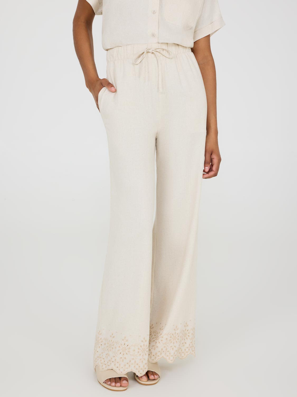 Stylish Wide Leg Linen Pants with Embroidered Hem - Breathable Summer Trousers for Women | Perfect for Beach, Office & Casual Outings