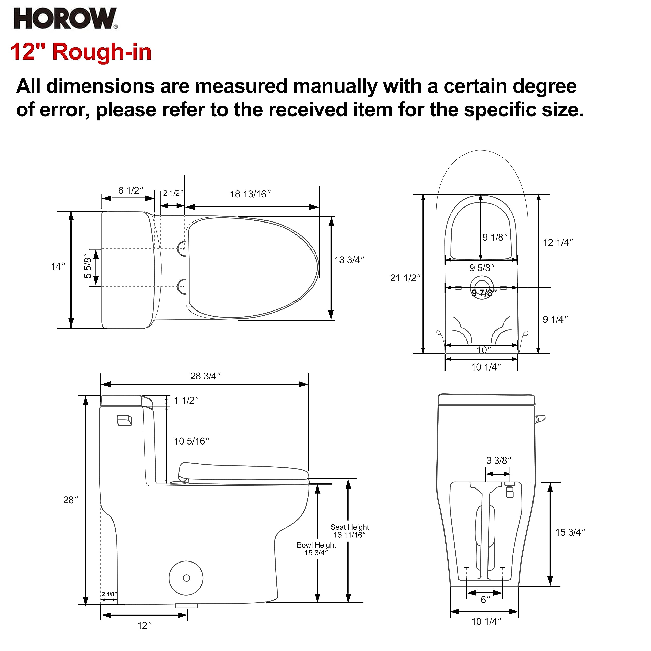 HOROW HR-ST076W One Piece Elongated Toilet with Soft Closing Seat - Left-Hand Trip Lever, 1.28 GPF High Efficiency Single Side Flush, 12-Inch Rough-In, White Bathroom Toilet Bowl for Modern Homes & Commercial Spaces