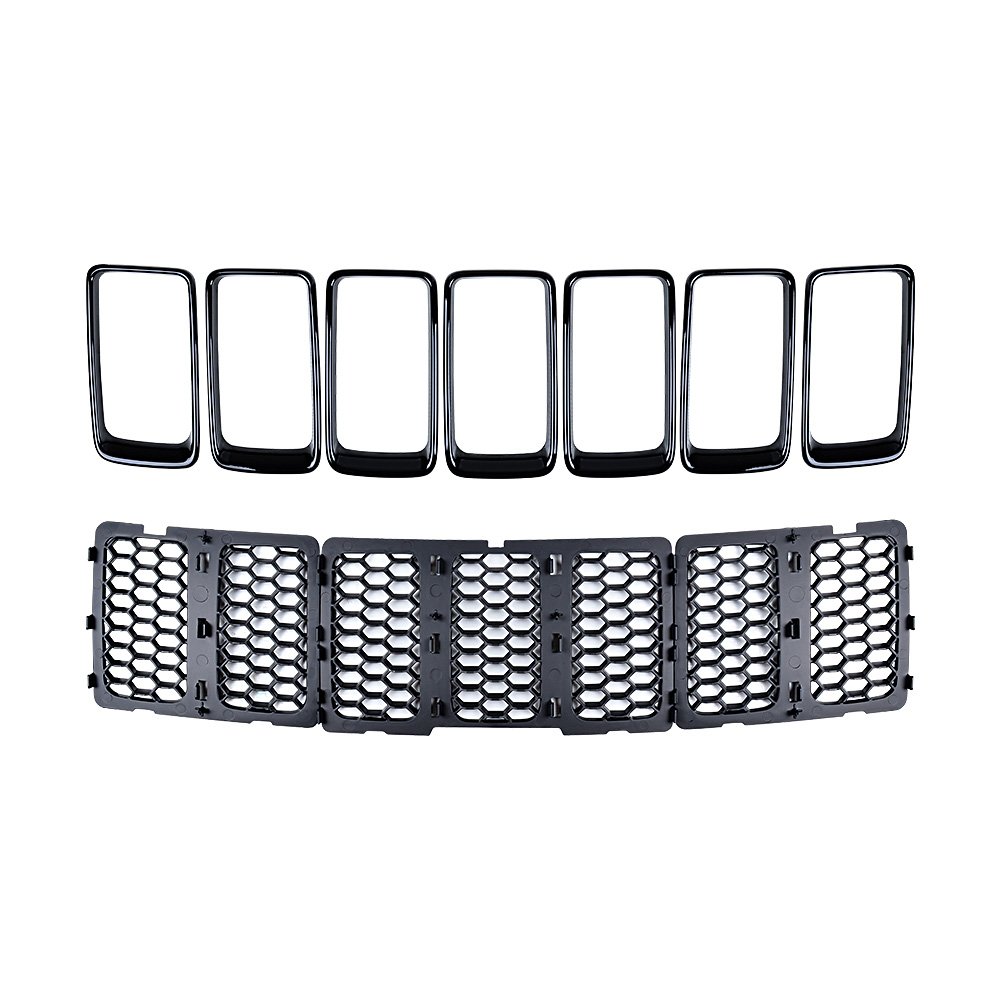 Anzio Honeycomb Matte Mesh Front Grill Glossy Black Grille Inserts - 7pcs Compatible with 2014-2016 Jeep Grand Cherokee | Upgrade Your SUV's Style & Protection for Off-Road Adventures