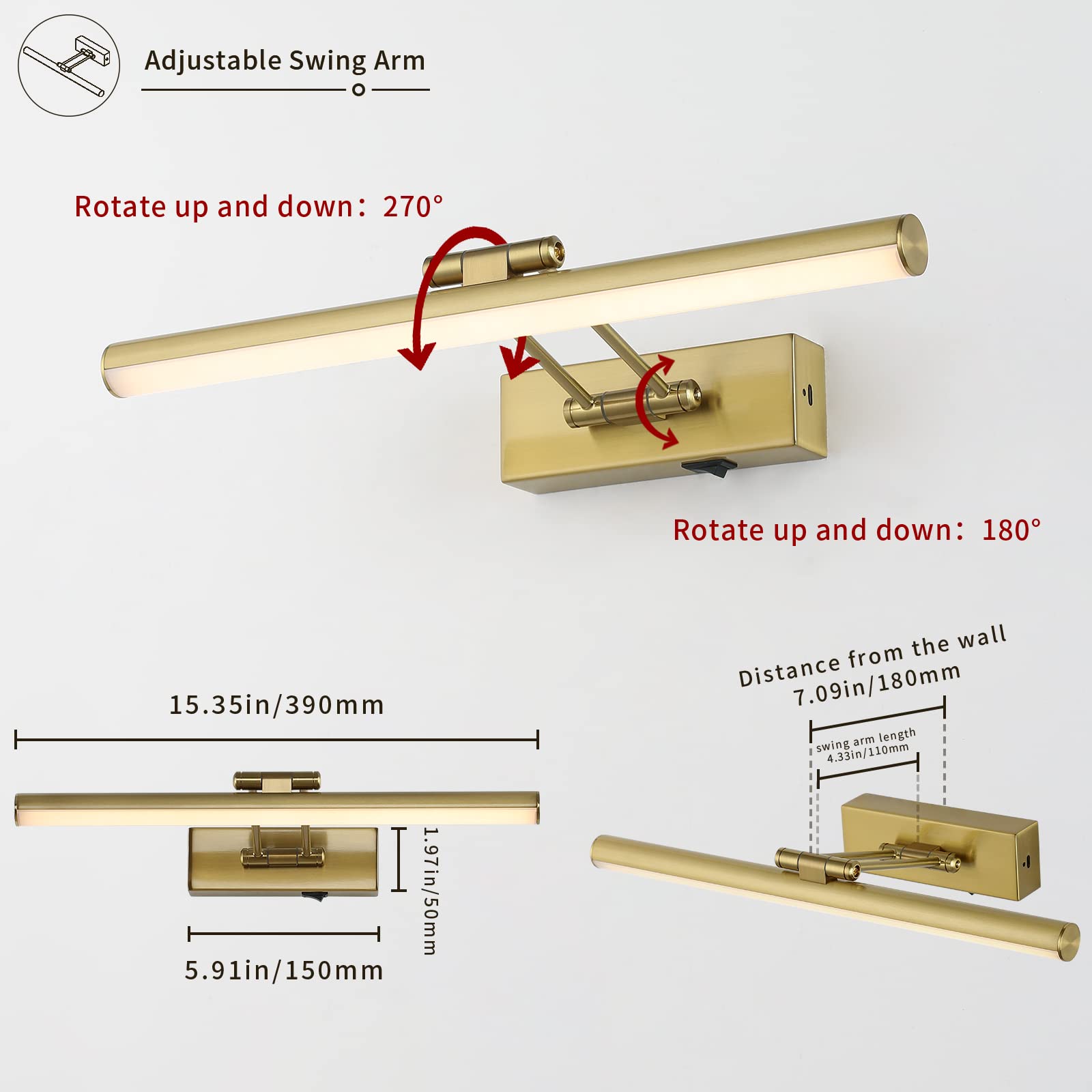 JUSHENG 16'' Wireless Picture Light with Remote & Timer - Rechargeable Battery Operated Swing Arm Art Light for Frame Artwork, Gallery Display - Golden Brass Finish | Perfect for Home Decor, Museums & Art Exhibitions