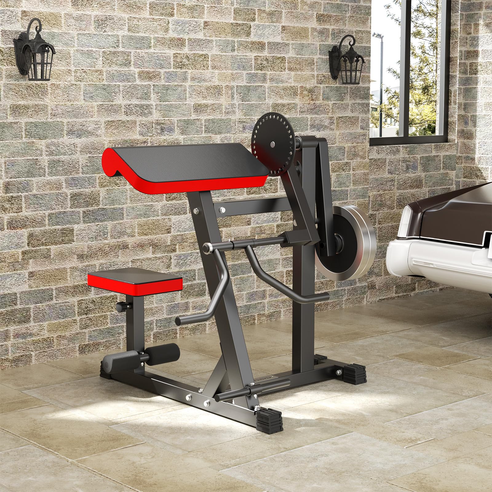 2-in-1 Bicep & Tricep Curl Machine with Adjustable Seat - Plate Loaded Preacher Curl Bench for Arm Isolation - Home Gym Strength Training Equipment for Biceps & Triceps Workouts - Perfect for Small Spaces & Full-Body Fitness Routines