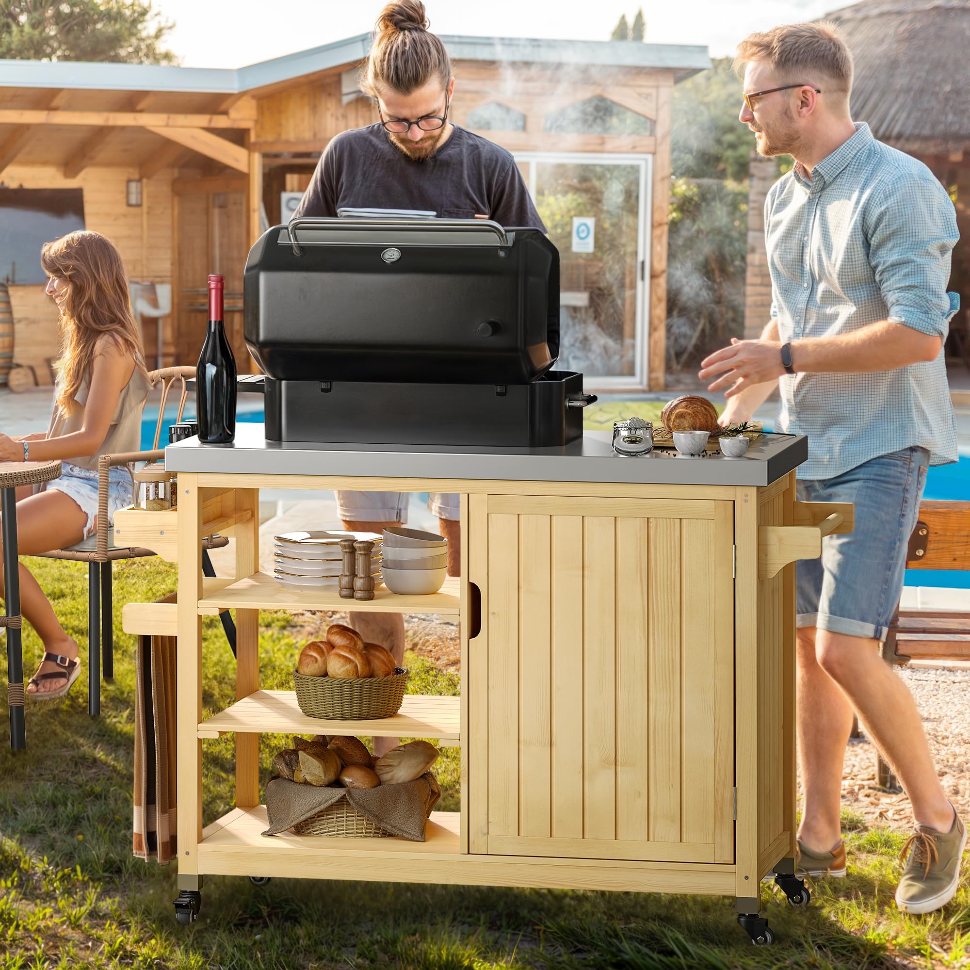 YITAHOME XL Solid Wood Outdoor Grill Cart with Stainless Steel Table Top & Spice Rack - 53.74