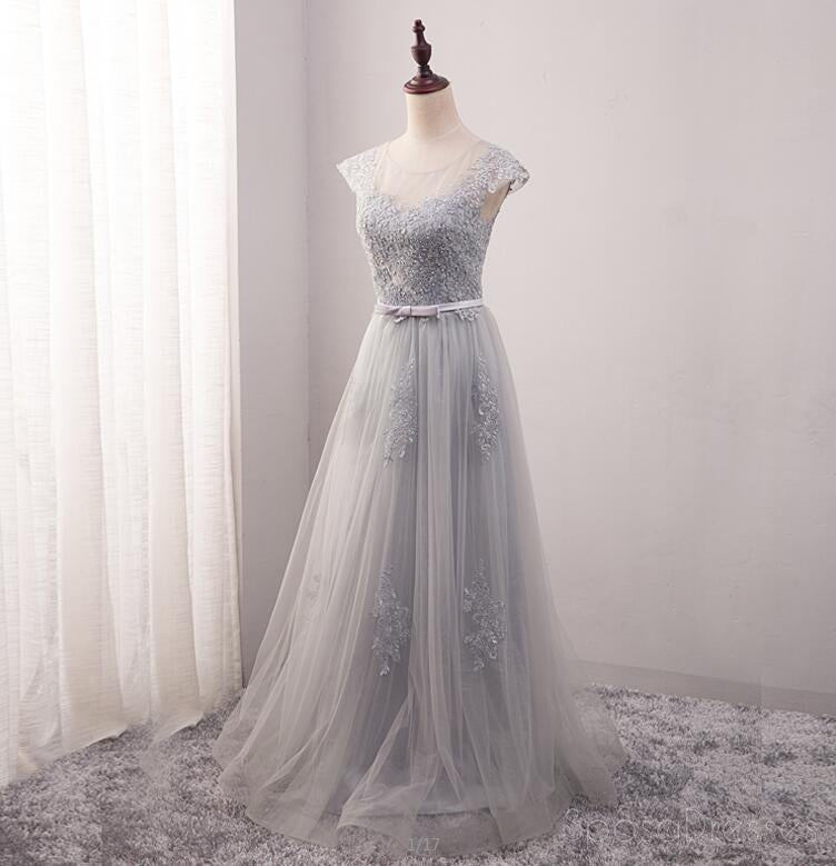 Elegant Gray Cap Sleeve Scoop Neck Lace Prom Dress for Evening Parties - Long Formal Gown for Prom, Homecoming & Special Occasions
