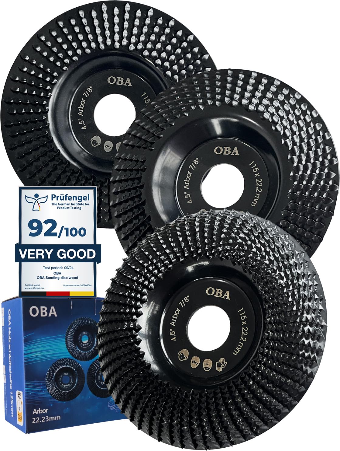 OBA 3-Piece Wood Carving Disc Set - 4-1/2 Inch Angle Grinder Wood Grinding Wheels with 7/8 Inch Arbor for Woodworking, Sanding & Polishing - Perfect for DIY Projects, Furniture Making & Crafting