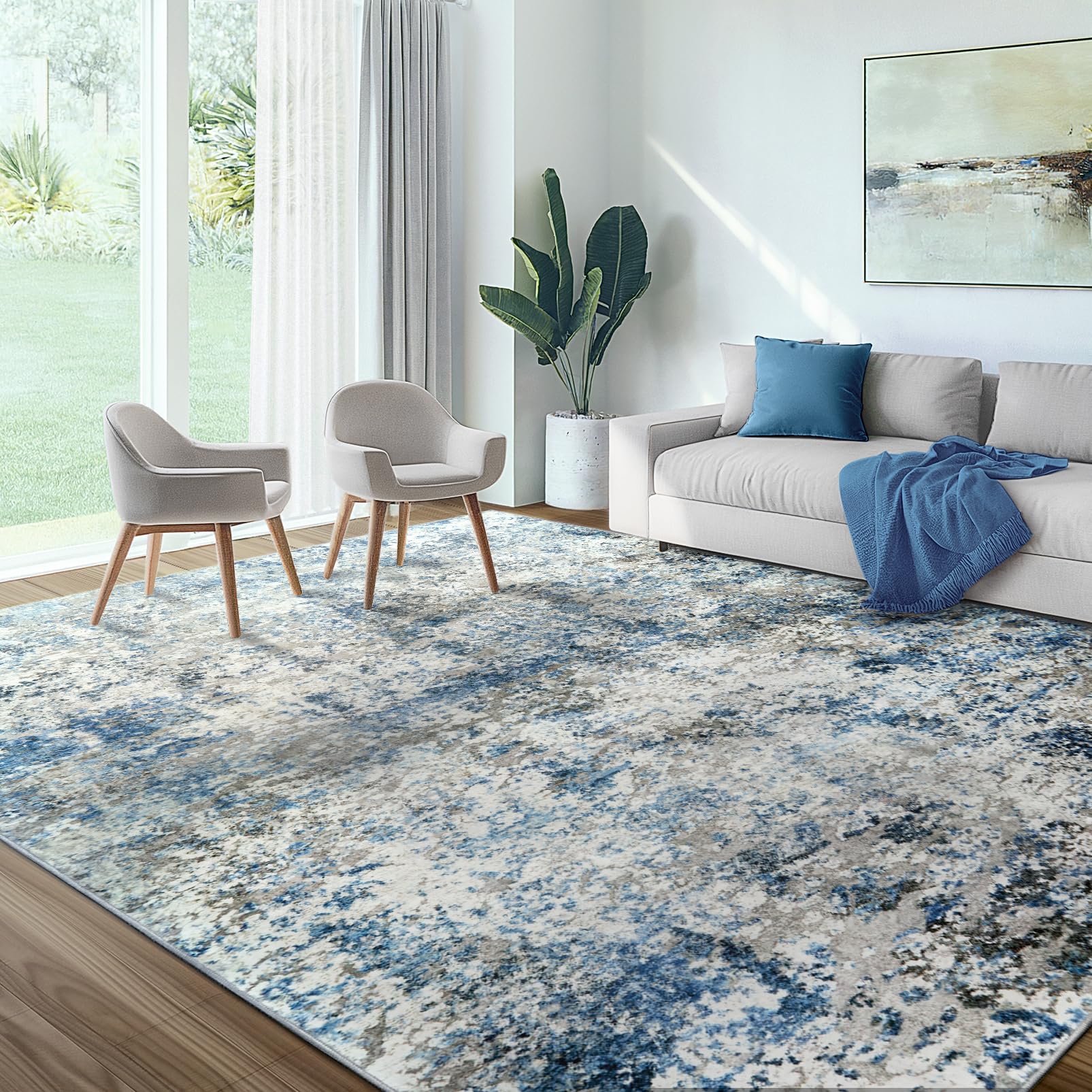 Washable 8x10 Modern Abstract Area Rug - Soft Neutral Non-Slip Low Pile Carpet for Living Room, Bedroom, Dining Room, Nursery & Home Office in Grey/Blue | Perfect for High-Traffic Areas & Cozy Home Decor