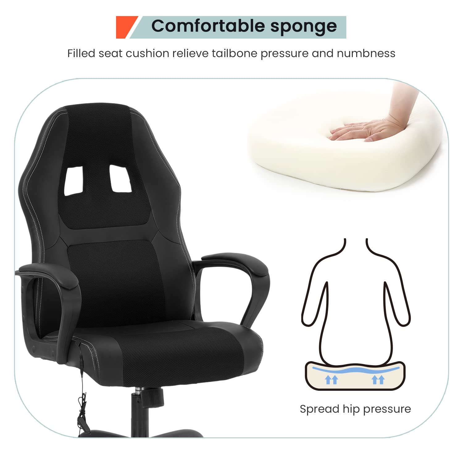 Ergonomic Gaming Chair - PU Leather Office Computer Chair with Adjustable Lumbar Support, Headrest & Massage Function - Swivel Rolling Task Chair for Home Office & Gaming Setup - Black
