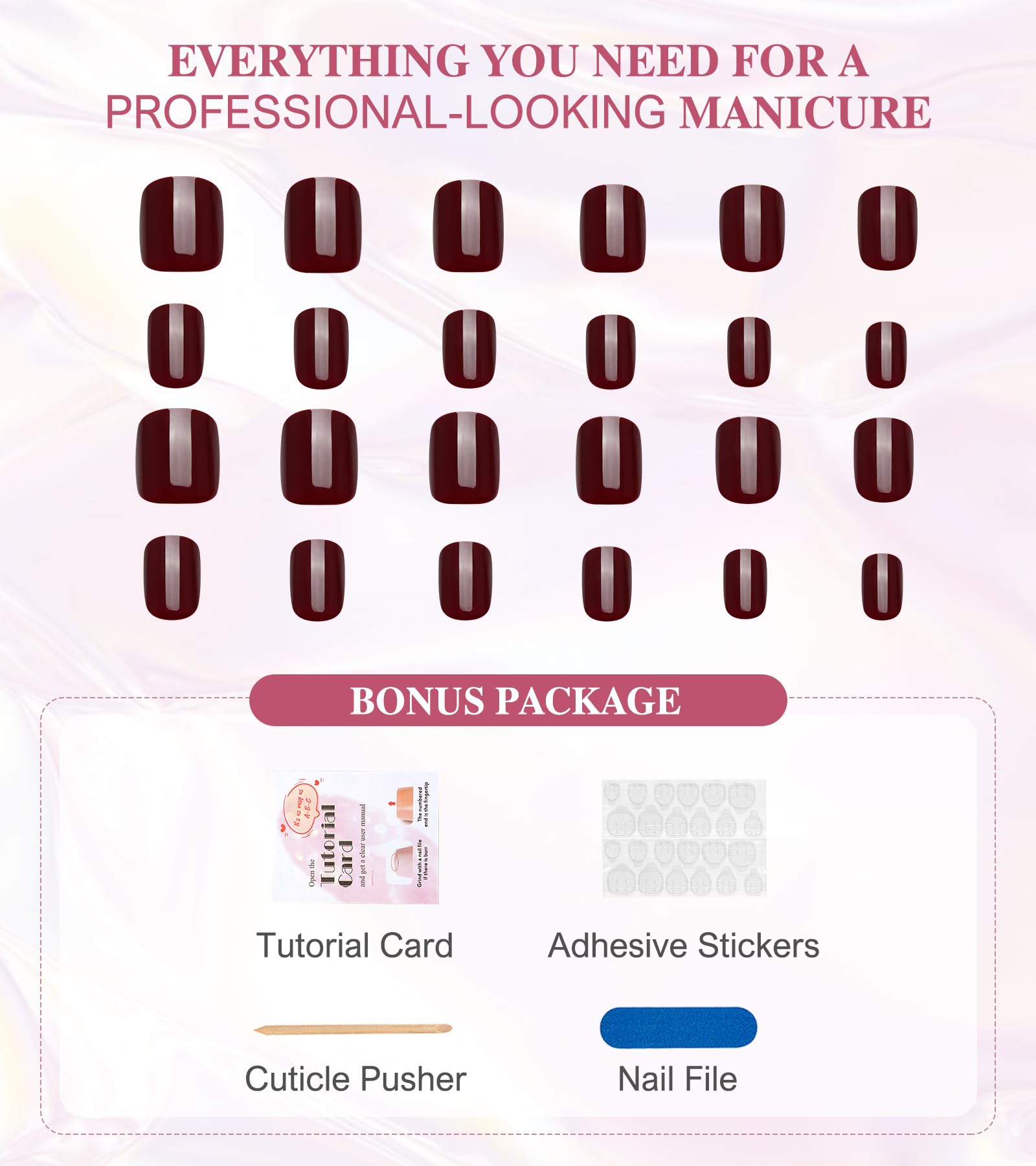 Aegenacess Short Square Press On Nails - 24PCS Jelly Wine Red & Burgundy Fake Nails Kit with Glue & Stickers, 12 Sizes - Perfect for Parties, Weddings & Daily Wear