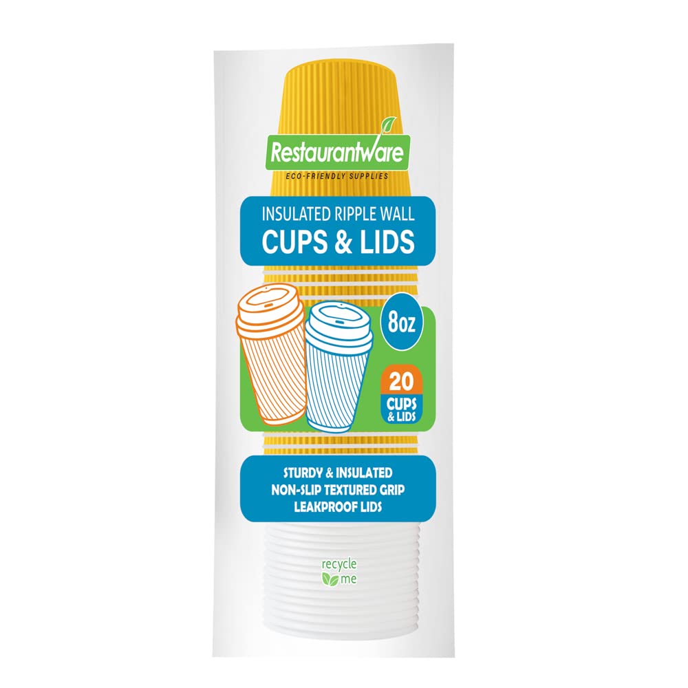8oz Insulated Coffee Cups with Lids (20 Pack) - Leakproof & Non-Slip Yellow Disposable Paper Cups for Hot Beverages - Perfect for Coffee, Tea, Hot Cocoa & Lattes at Cafes, Offices or Home Use