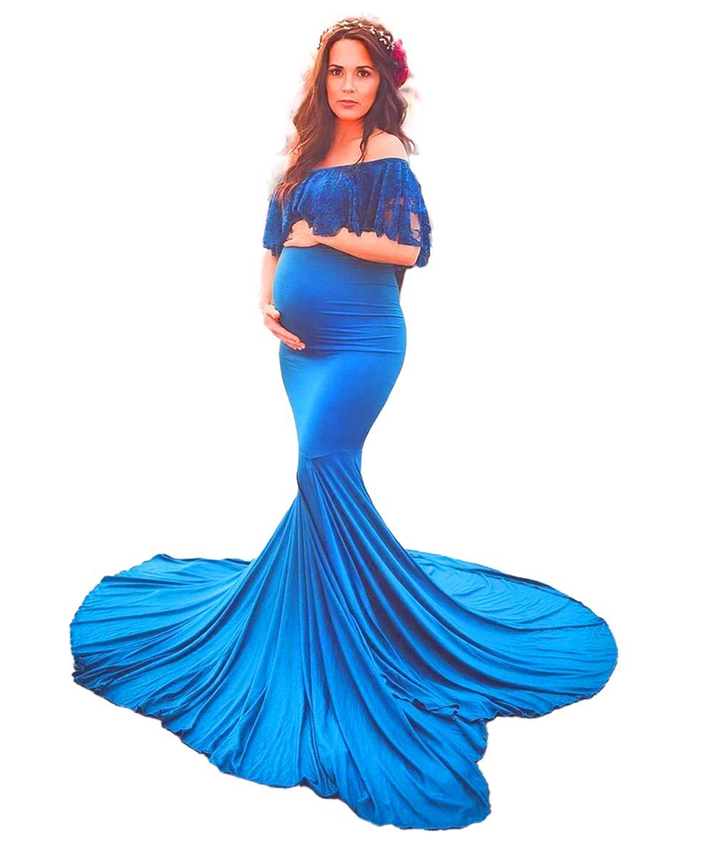 Elegant Off Shoulder Lace Maternity Dress for Women - Stretchy Mermaid Gown for Baby Shower, Pregnancy Photoshoot & Special Occasions