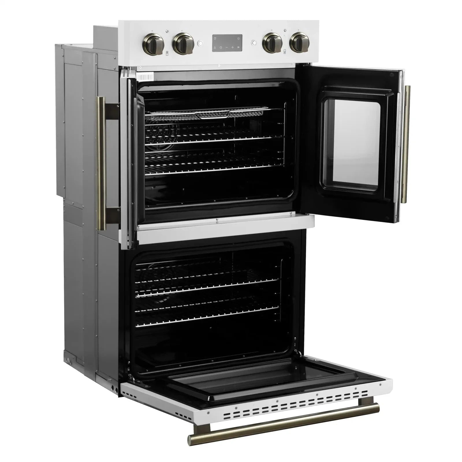 Forno Asti 30 Inch Double Electric Wall Oven with French Doors - White Finish & Antique Brass Trim (Model FBOEL1340 30WHT) | Perfect for Modern Kitchens, Baking, and Entertaining