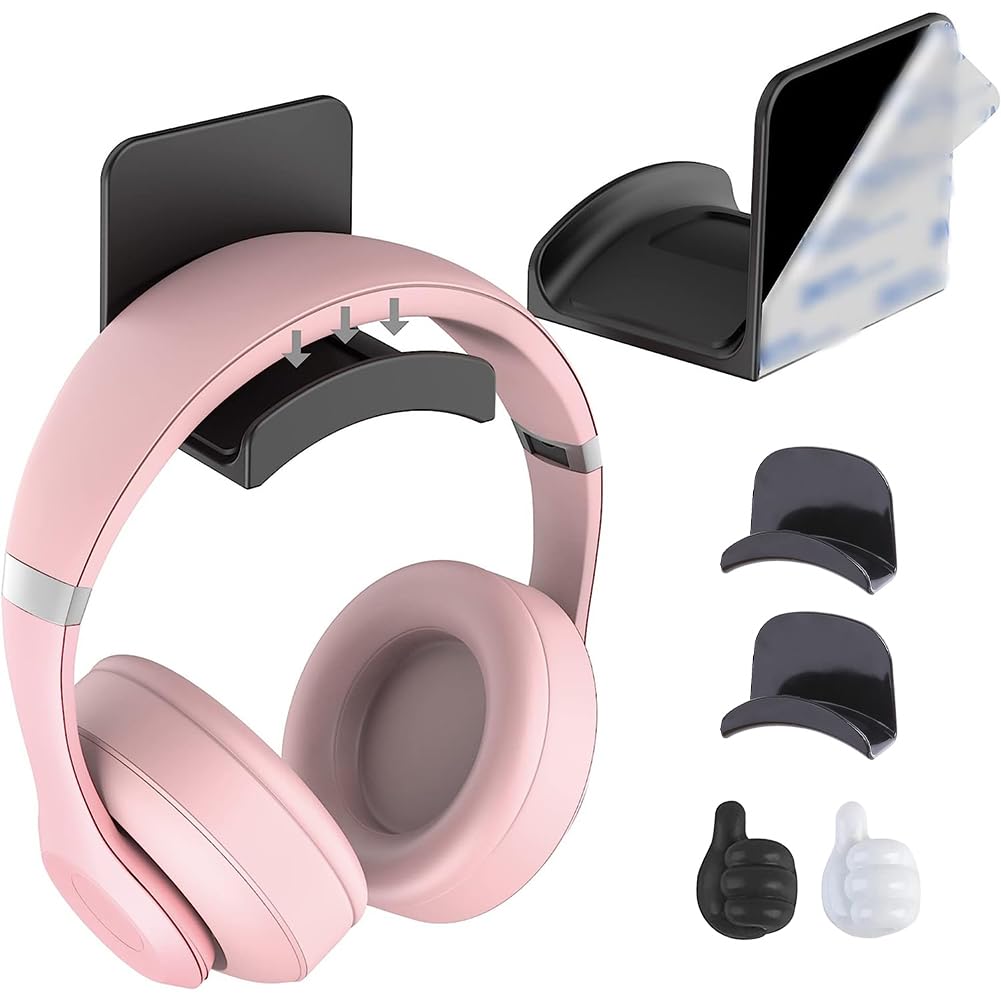 Adhesive Headphone Hooks - 2 Pack Wall Mount Headset Stand for Gaming Headsets, Wireless Headphones - Space Saving Headphone Holder for Desk, Office, Bedroom, Living Room
