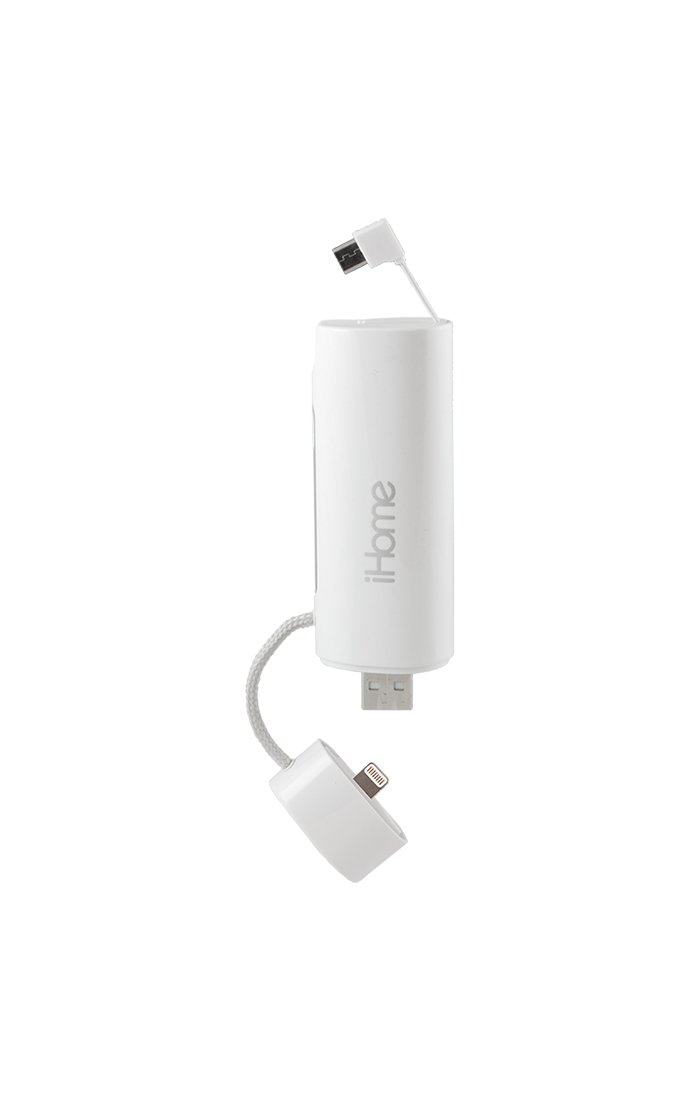 iHome 2,600mAh Portable Power Bank with Built-In Lightning & Micro USB Cables - Compact External Battery Pack for iPhone, Android - Perfect for Travel, Camping, Emergency Charging (White)