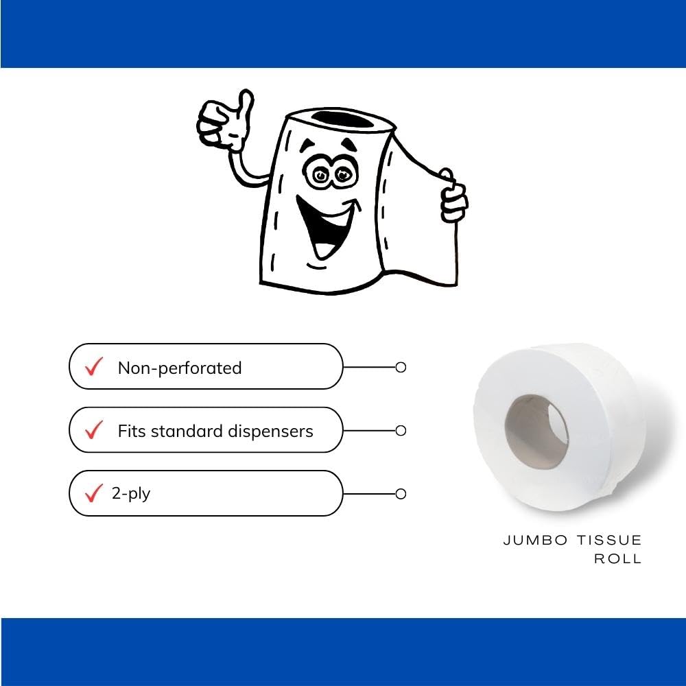 Jumbo Commercial Toilet Paper Rolls - 12 Large Industrial Rolls (550 Feet Each) for Universal Dispensers | White Bulk Bathroom Tissue for Offices, Restaurants & Public Restrooms