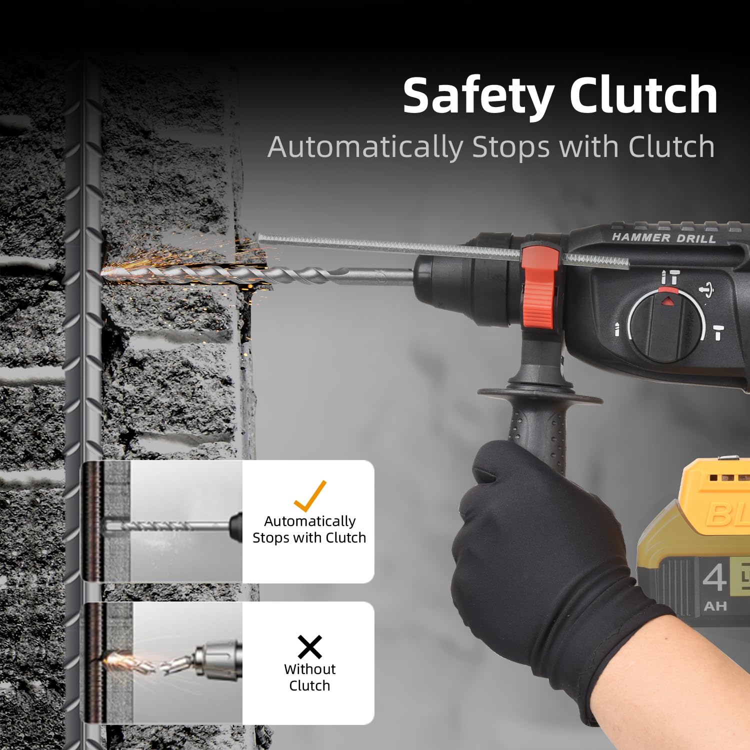 **20V MAX SDS Rotary Hammer Drill - Compatible with Dewalt Batteries (Battery Not Included) - Heavy Duty Safety Clutch, 4 Functions & 5 Drill Bits for Concrete, Masonry, Wood, Metal - Ideal for Construction, Renovation & DIY Projects**