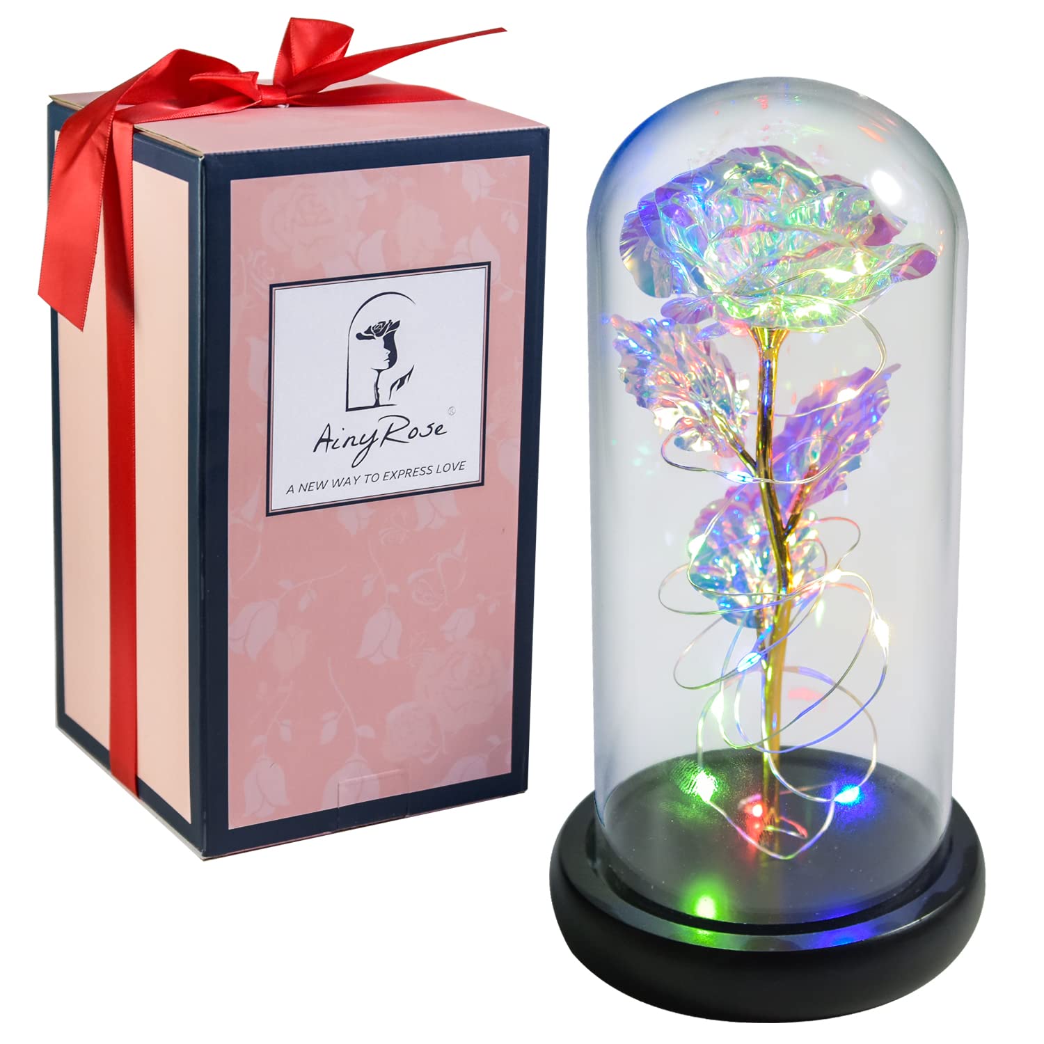Colorful LED Artificial Rose Flower in Glass Dome - Romantic Gift for Women, Valentine's Day, Christmas, Birthday, Mother's Day & Anniversary (Galaxy) - Perfect for Home Decor, Wedding Centerpieces & Romantic Surprises