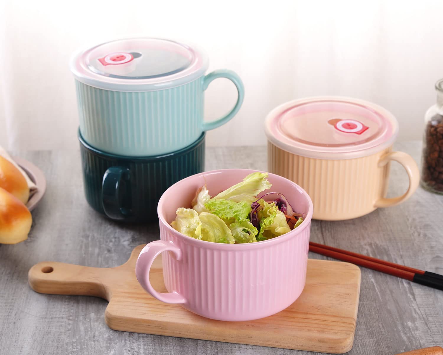 WHJY 30oz Ceramic Soup Bowl with Lid & Handle - Microwave & Dishwasher Safe, Heat Preserving Soup Mug for Ramen, Noodles, Cereal - Modern Minimalist Design, Dark Green - Perfect for Home, Office & Dorm Use
