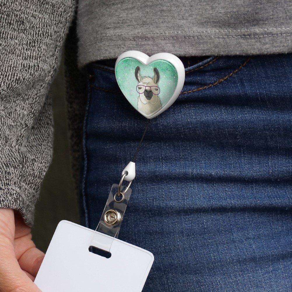 Retractable ID Badge Holder with Hip Llama & Glasses Design - White | Perfect for Work, School, Conventions & Events