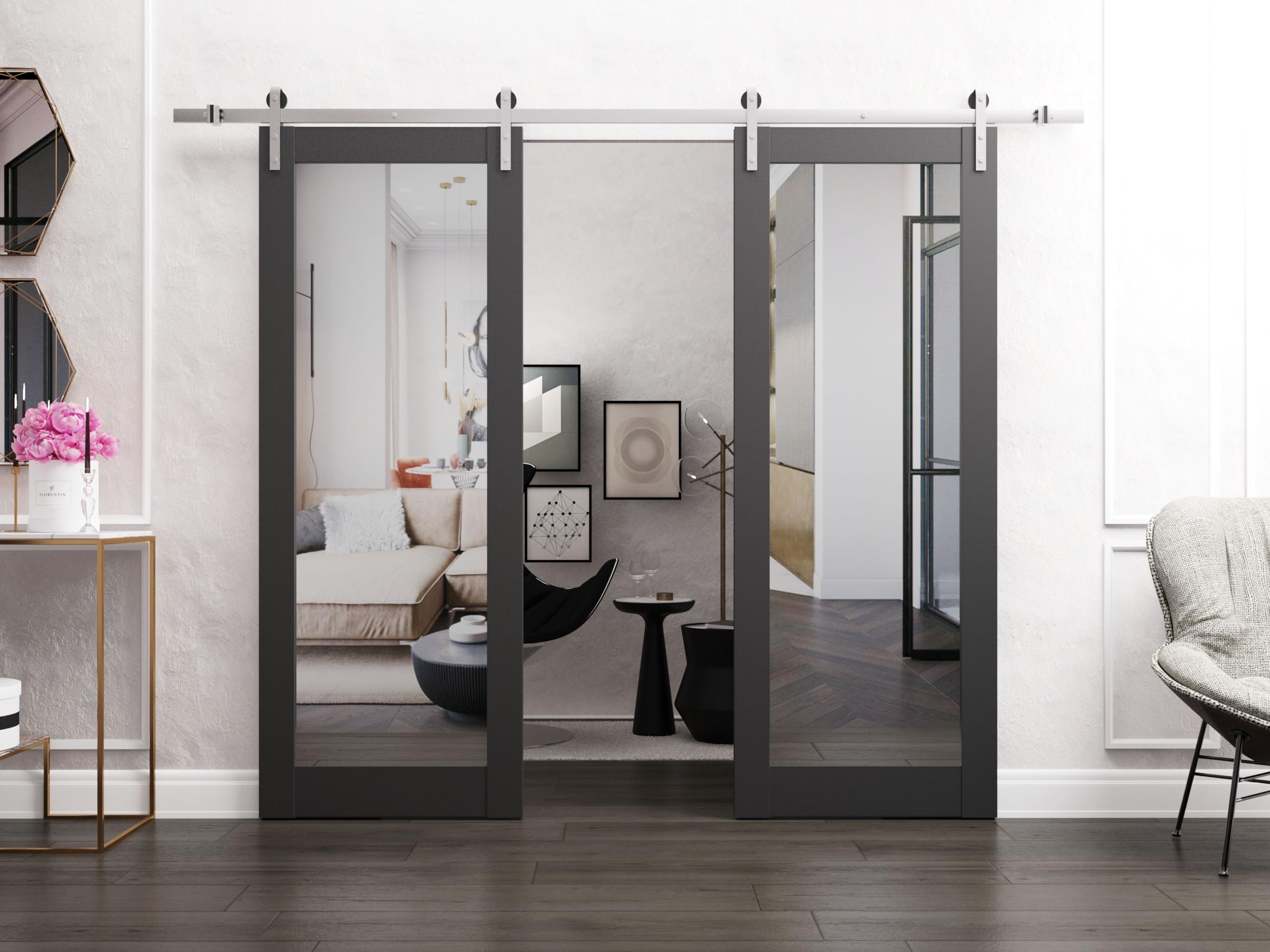 Sturdy 72 x 84 Inch Double Barn Doors with Matte Black Finish & Mirror - Solid Panel Interior Doors with 13FT Stainless Steel Rail Hangers - Perfect for Farmhouse, Rustic Home & Office Decor