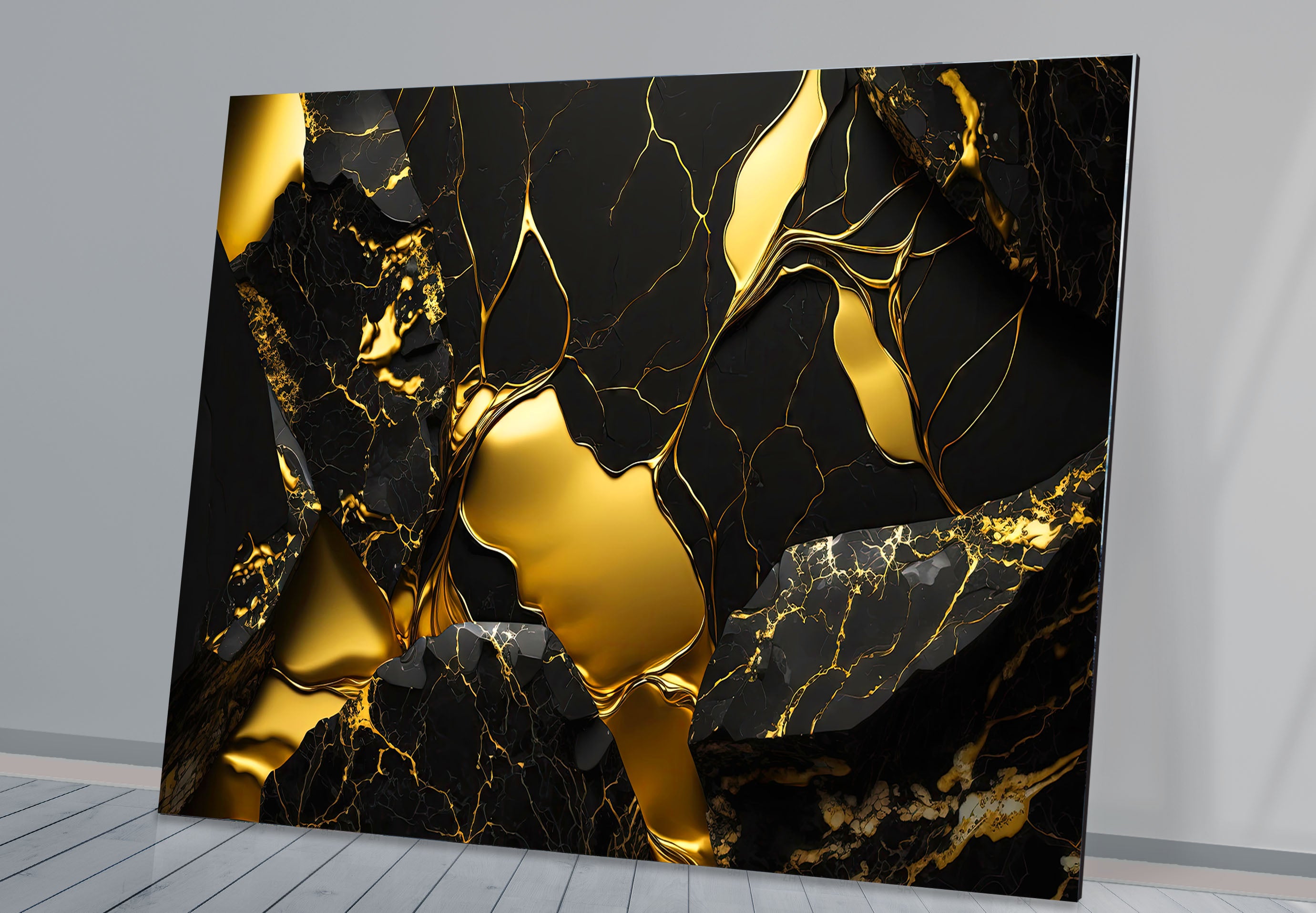 Black and Gold Abstract Wall Art - Modern Glass Print with Luxury Shine for Living Room, Bedroom & Office Decor | Elegant Home Wall Decorations
