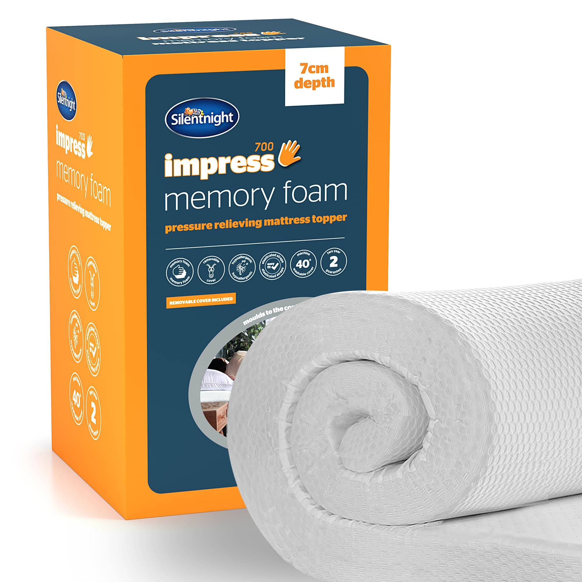 Silentnight Impress 7cm Memory Foam Mattress Topper - Extra Thick Orthopedic Support for Back & Neck Pain Relief - Breathable Washable Cover - Ideal for Home, Guest Room & Dorm Use - White