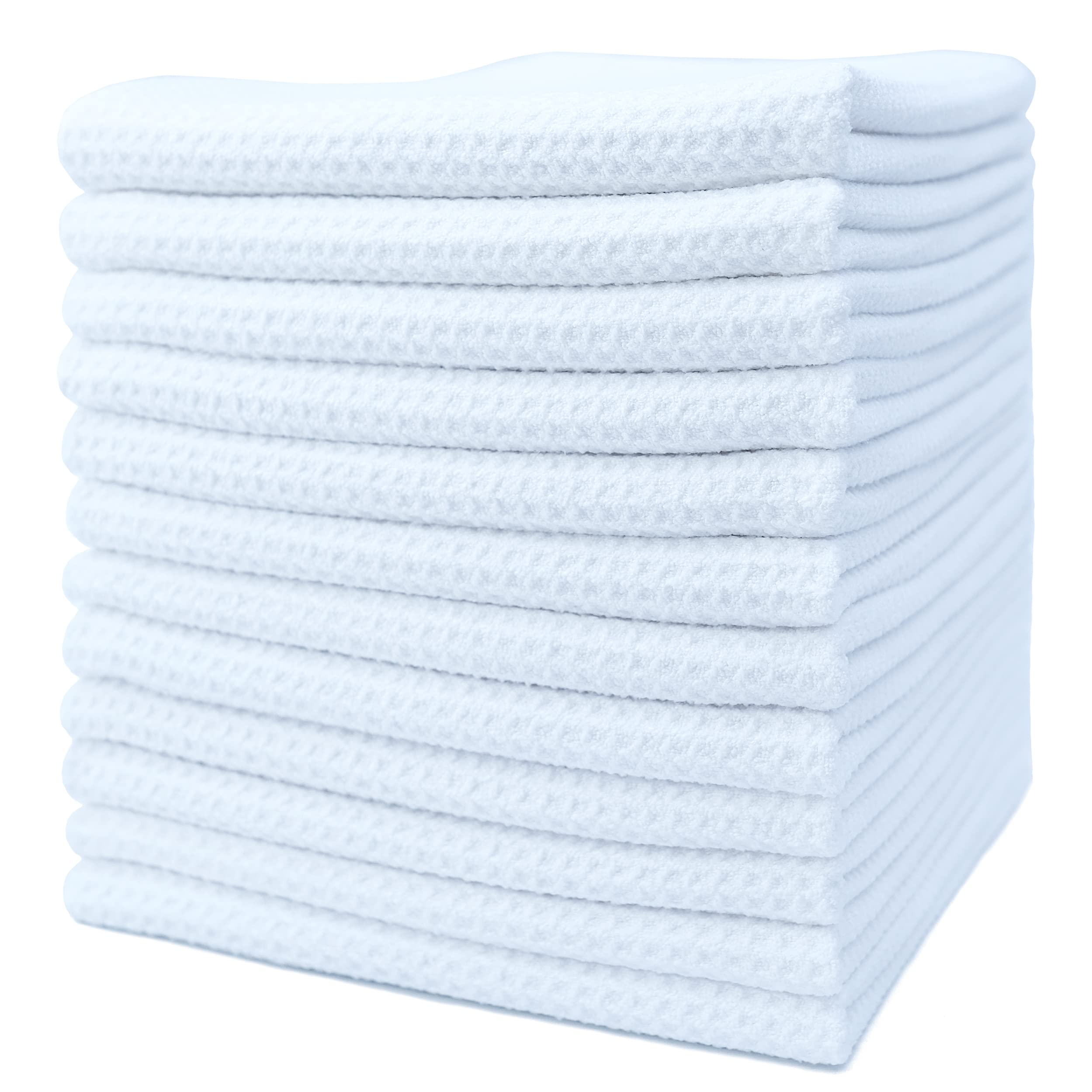 Premium Microfiber Kitchen Dish Towels - 12 Pack Waffle Weave Hand Towels (16x28 Inches, White) | Super Absorbent & Quick Drying for Dishes, Countertops & Household Cleaning