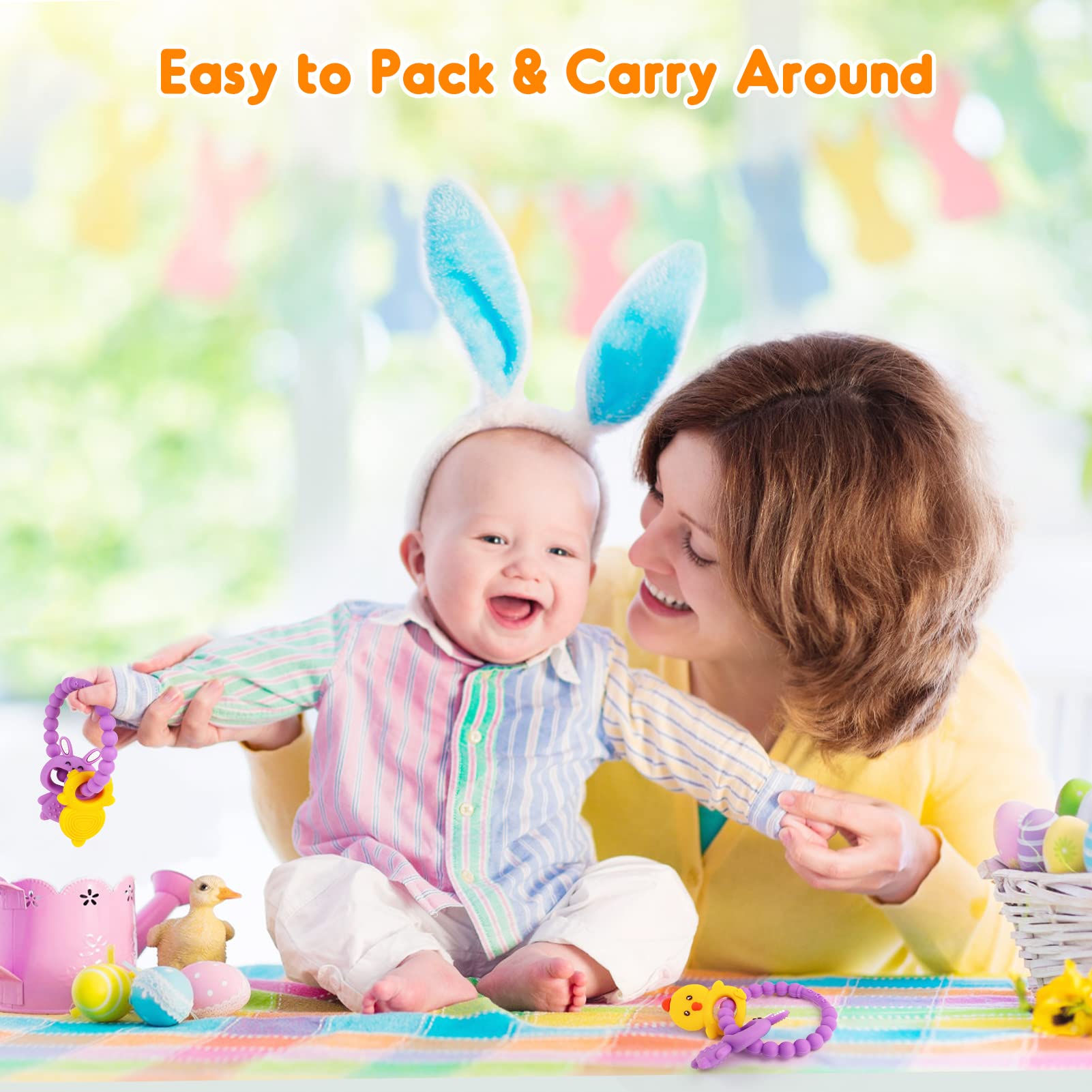 **Easter Teething Toys for Babies 0-12 Months - Soft Silicone Chew Toys for Infants (Purple Bunny & Chicken) - Perfect Easter Basket Stuffers & Gifts for Boys & Girls - Soothe Sore Gums During Playtime & Travel**