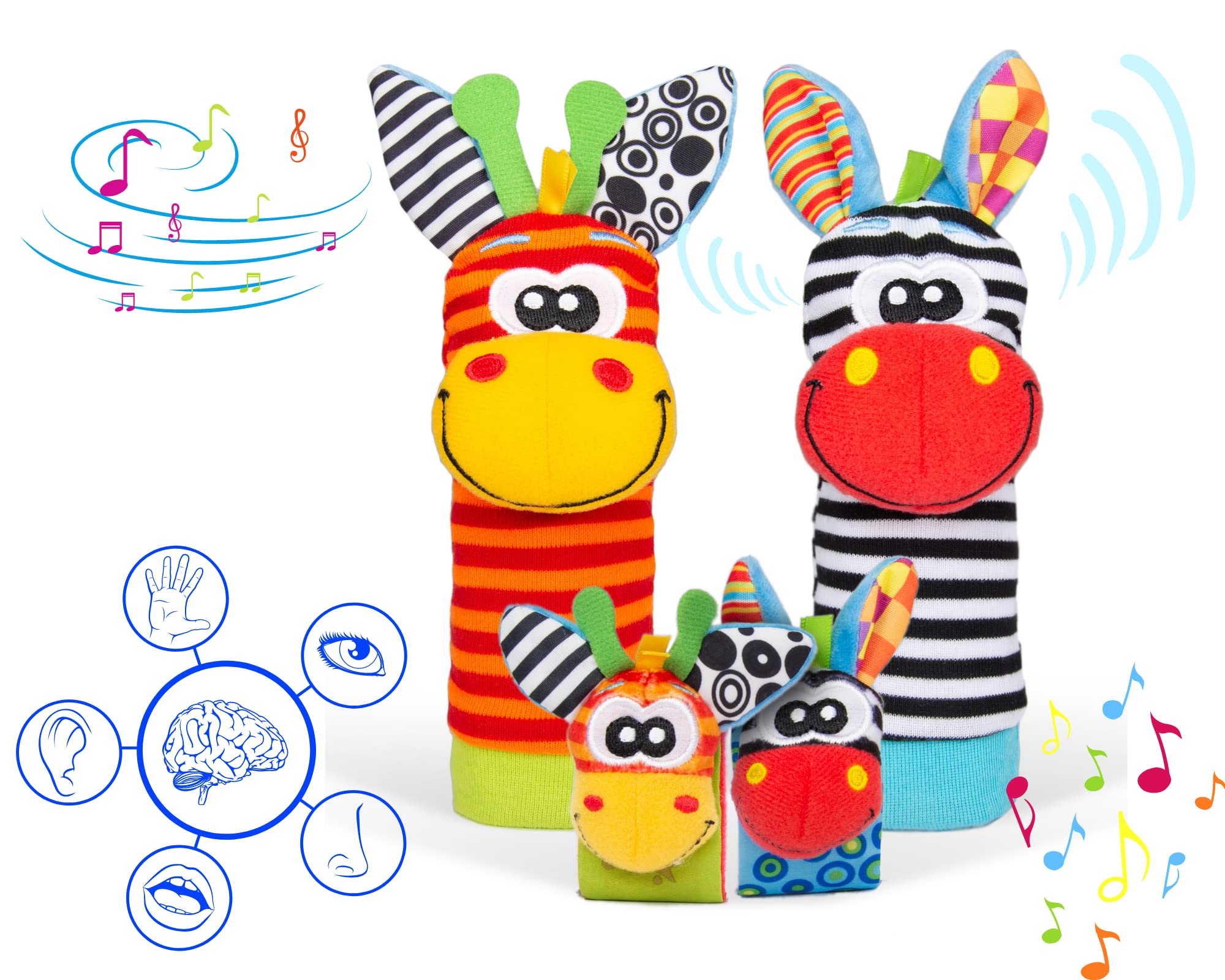 Funky Planet Sozzy Socks Baby Sensory Toys - 4pcs Soft Foot Rattles for Newborns & Infants | Developmental Hand-Foot Toys for Early Learning & Motor Skills | Perfect for Playtime, Tummy Time & Sensory Stimulation