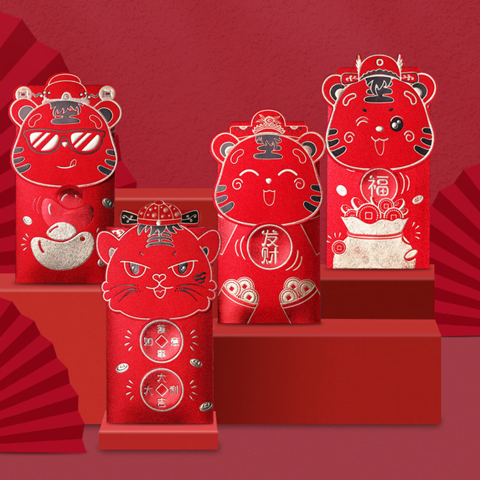 4pcs Chinese New Year Red Envelopes - Year of The Tiger Lucky Money Packets (Hong Bao) for 2022 Spring Festival, Christmas, Birthday & Wedding - Festive Gift Envelopes for Good Fortune & Blessings | Perfect for Lunar Celebrations, Holiday Gifting & Special Occasions