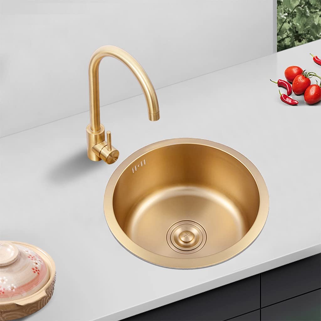 304 Stainless Steel Single Bowl Kitchen Sink with Tap - Gold Round Bar Counter Sink (32×19cm) for Modern Kitchens