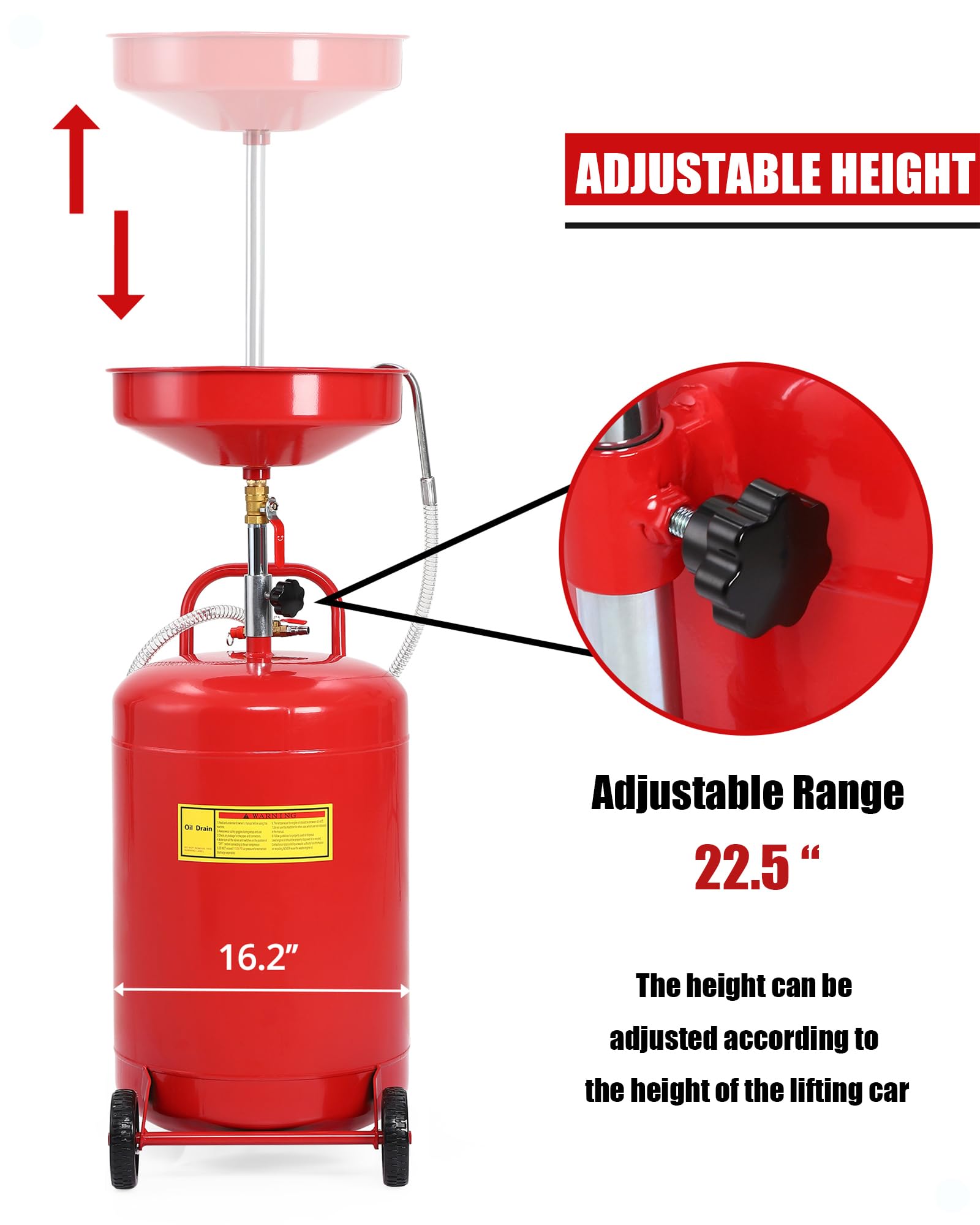 GARVEE 18 Gallon Portable Oil Drain Tank - Air Operated Waste Oil Container with Adjustable Funnel Height & Wheels for Easy Transport - Ideal for Car, Truck & SUV Oil Changes in Garages & Auto Shops