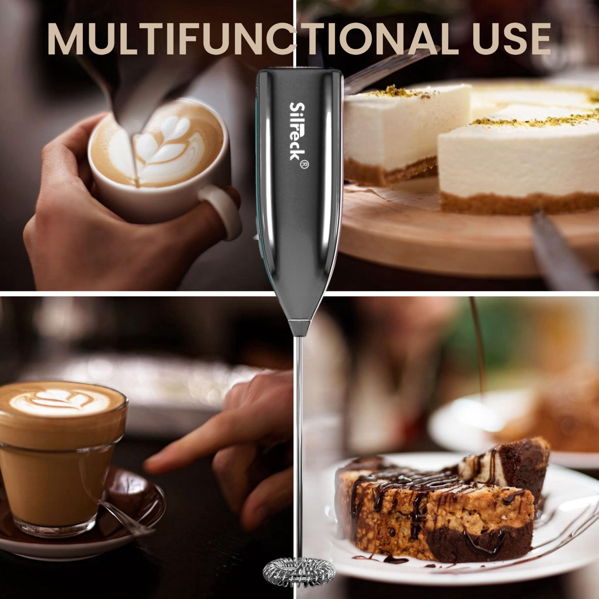 Electric Milk Frother for Coffee & Cappuccino - Handheld Automatic Milk Foam Maker with Whisk for Latte, Hot Chocolate & Milkshakes - Perfect for Home, Office & Coffee Shops (Black)
